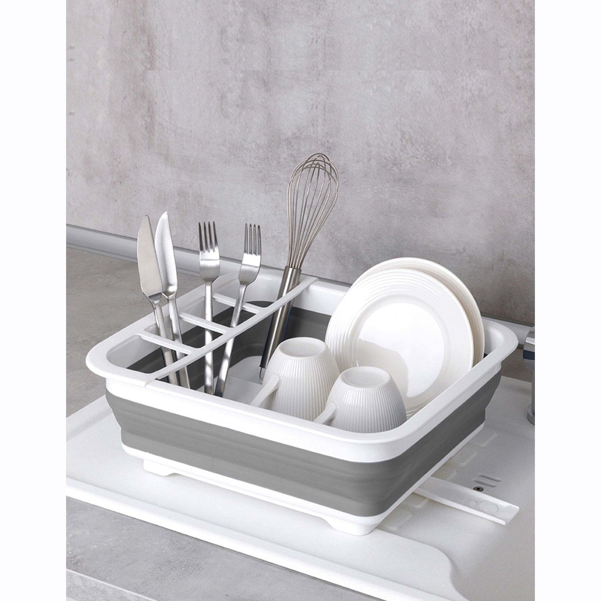 Égouttoir à vaisselle pliable, blanc/gris