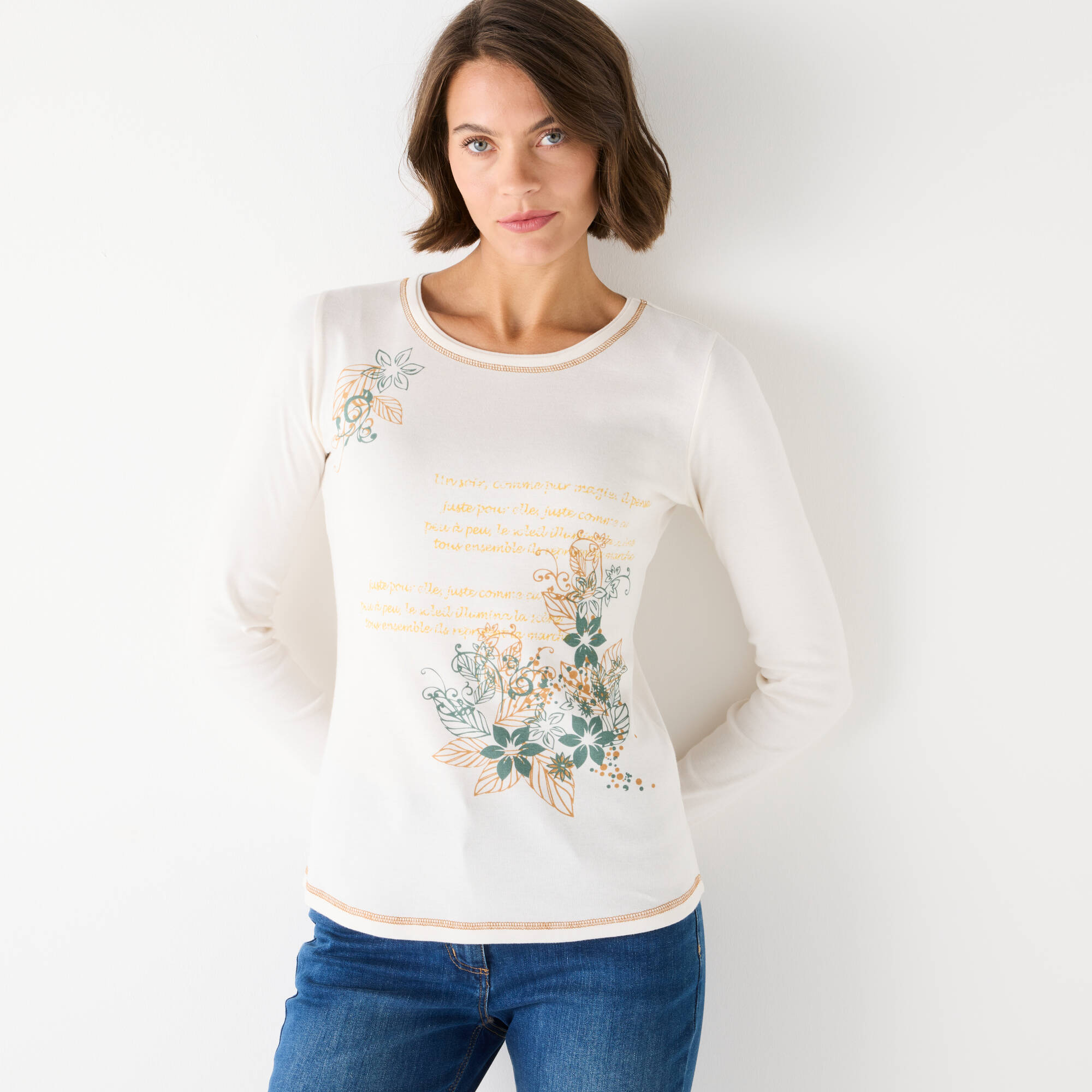 T-shirt Manches Longues Blanche Porte - Taille 36, Gris à Fleurs Noires - 100% Polyester