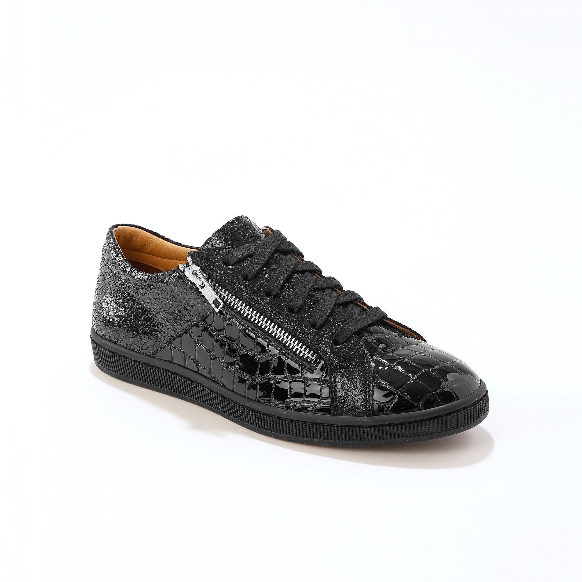 Baskets Basses Zippées En Cuir Souple Effet Croco - Blancheporte