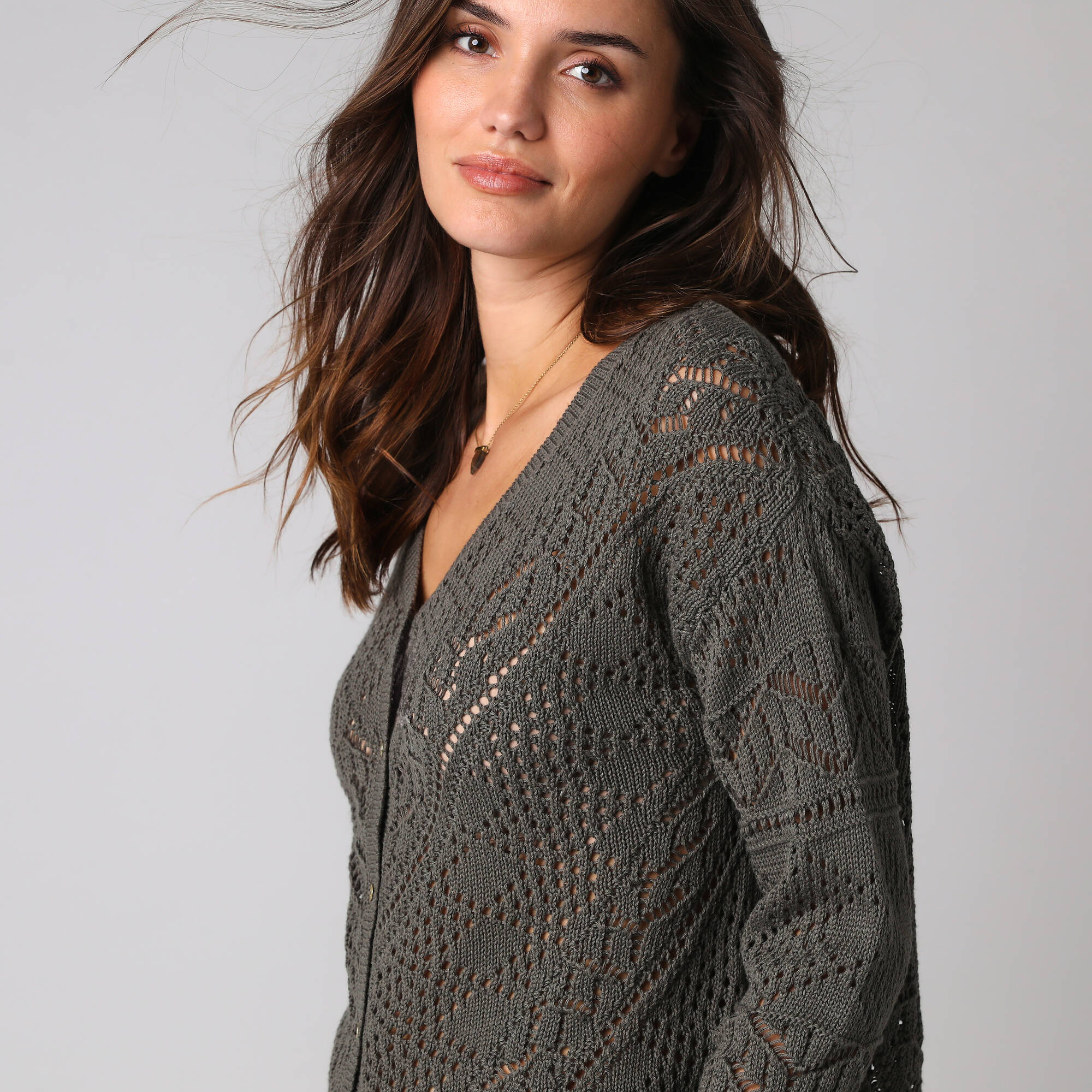 Gilet boutonné en coton ajouré manches longues - Blancheporte
