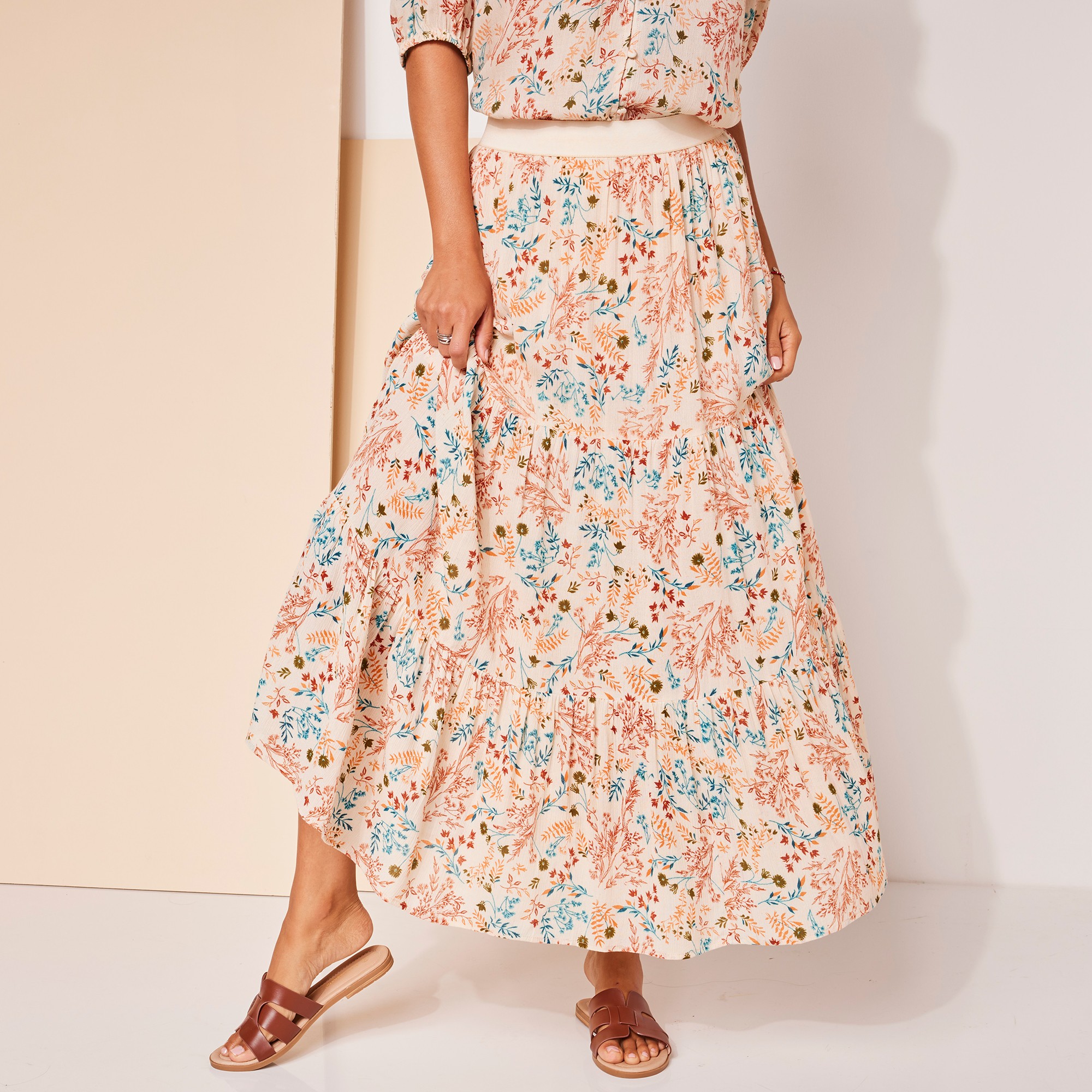 Jupon Long Volanté Imprimé Fleuri, Crépon - Blancheporte