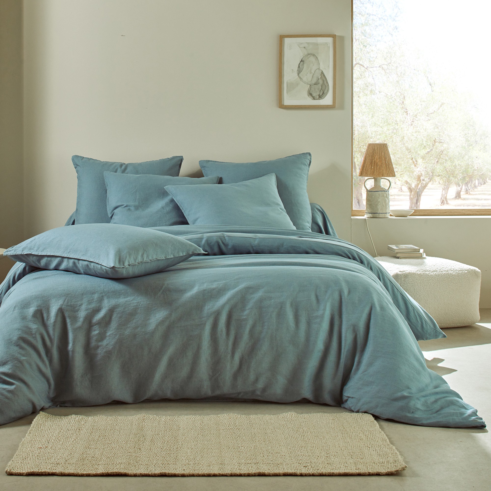 Linge de lit uni biface lin lavé / coton lavé - Drap Plat 2 Personnesonnes : 240x310cm - Bleu - Colo