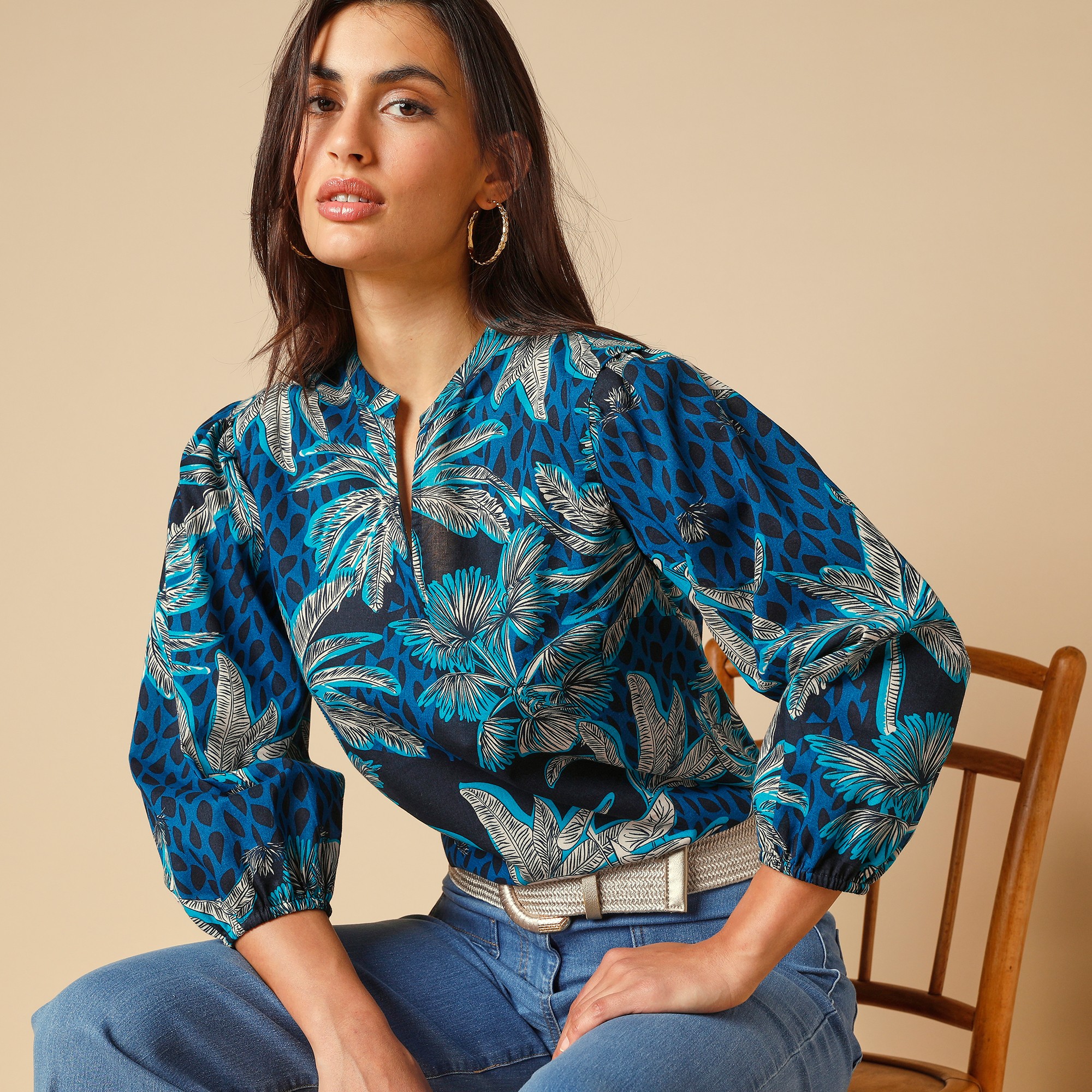 Blouse imprimée manches amples, coton bio** - 52 - Bleu - Lora Zellini