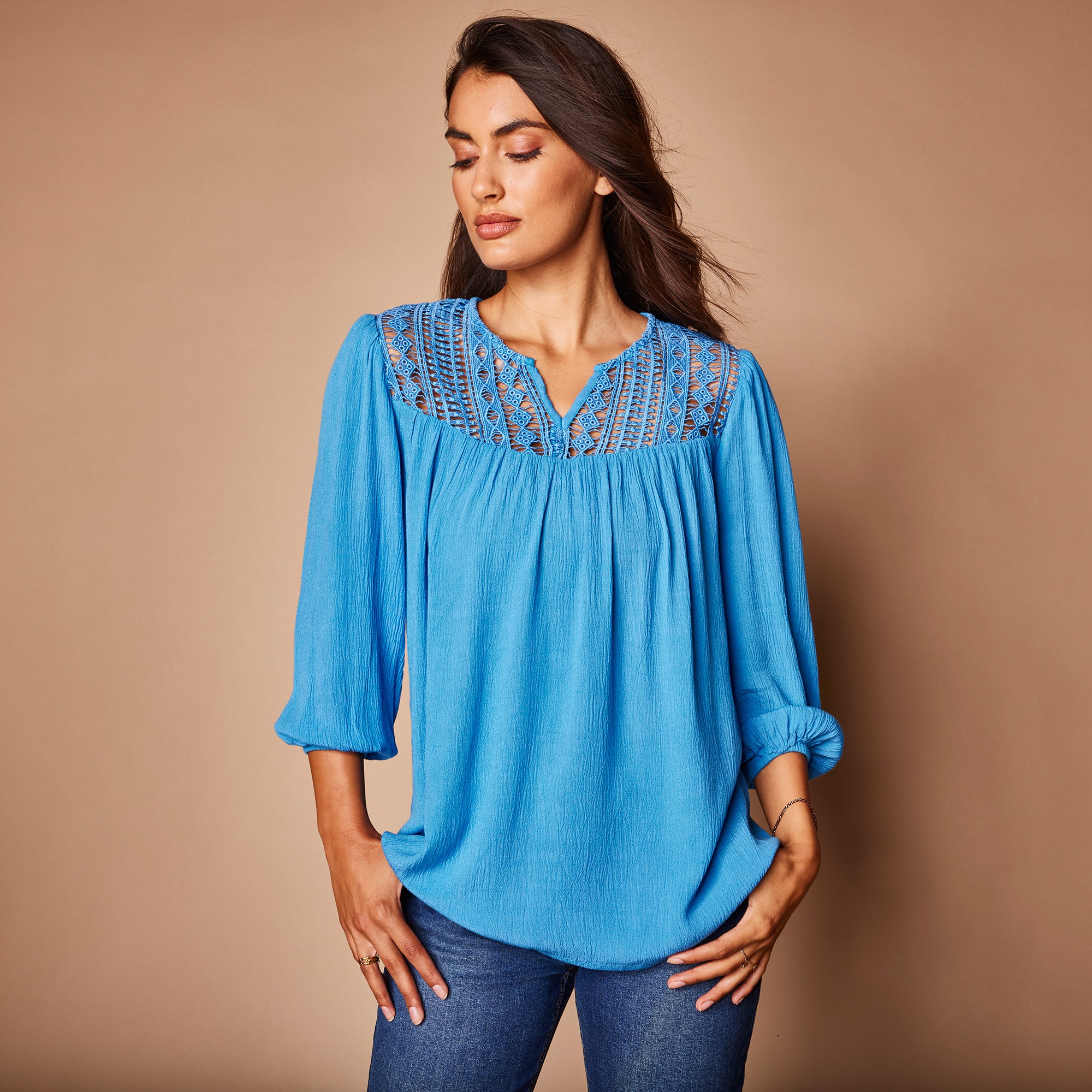 Blouse macramé manches 3/4 - 52 - Bleu - Lora Zellini