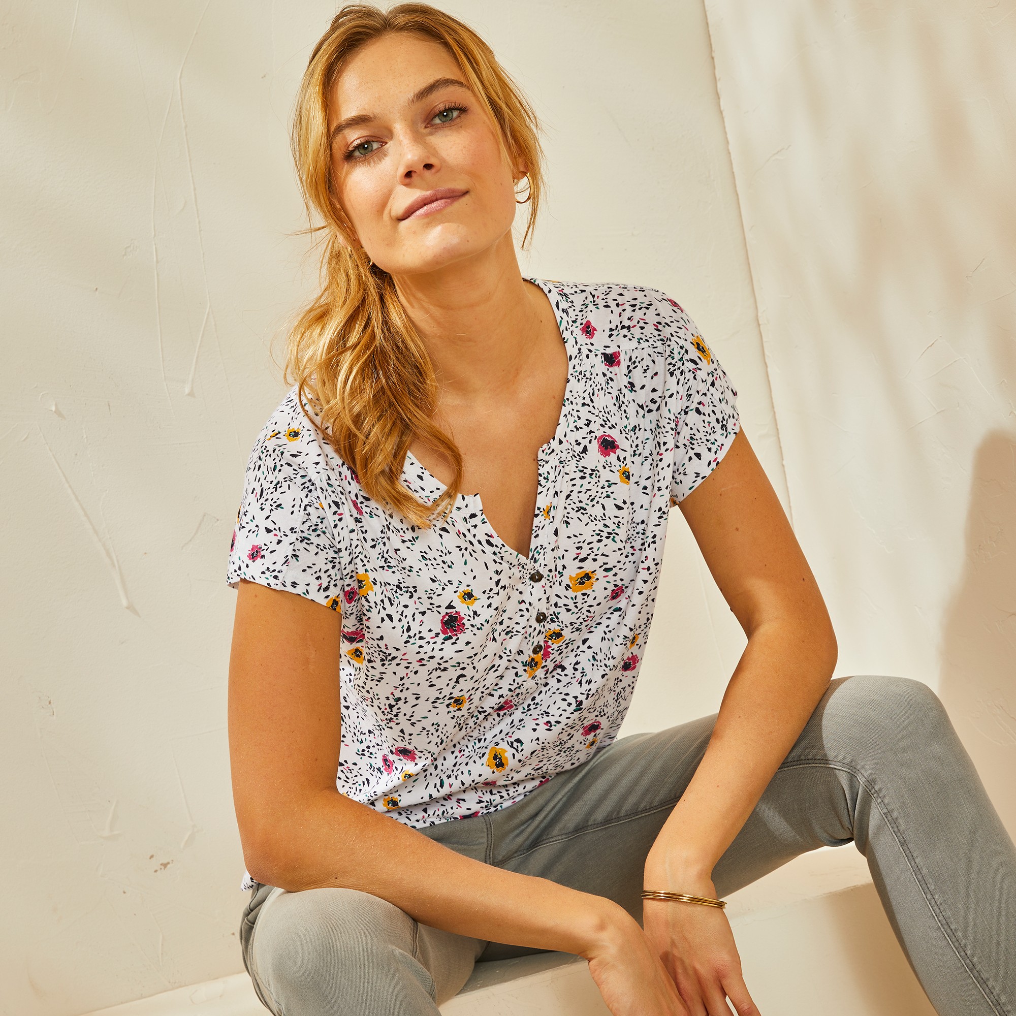 T-shirt Col Tunisien Manches Courtes, Imprimé - Blancheporte