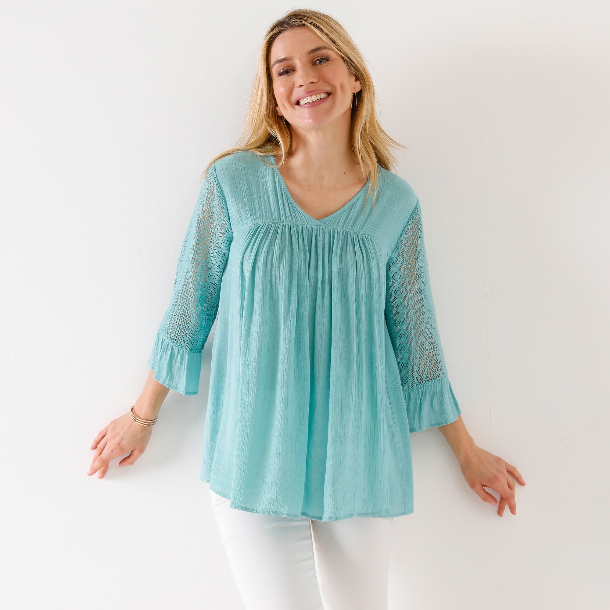 Blouse Unie Col V Manches 3/4 Macramé - Lora Zellini