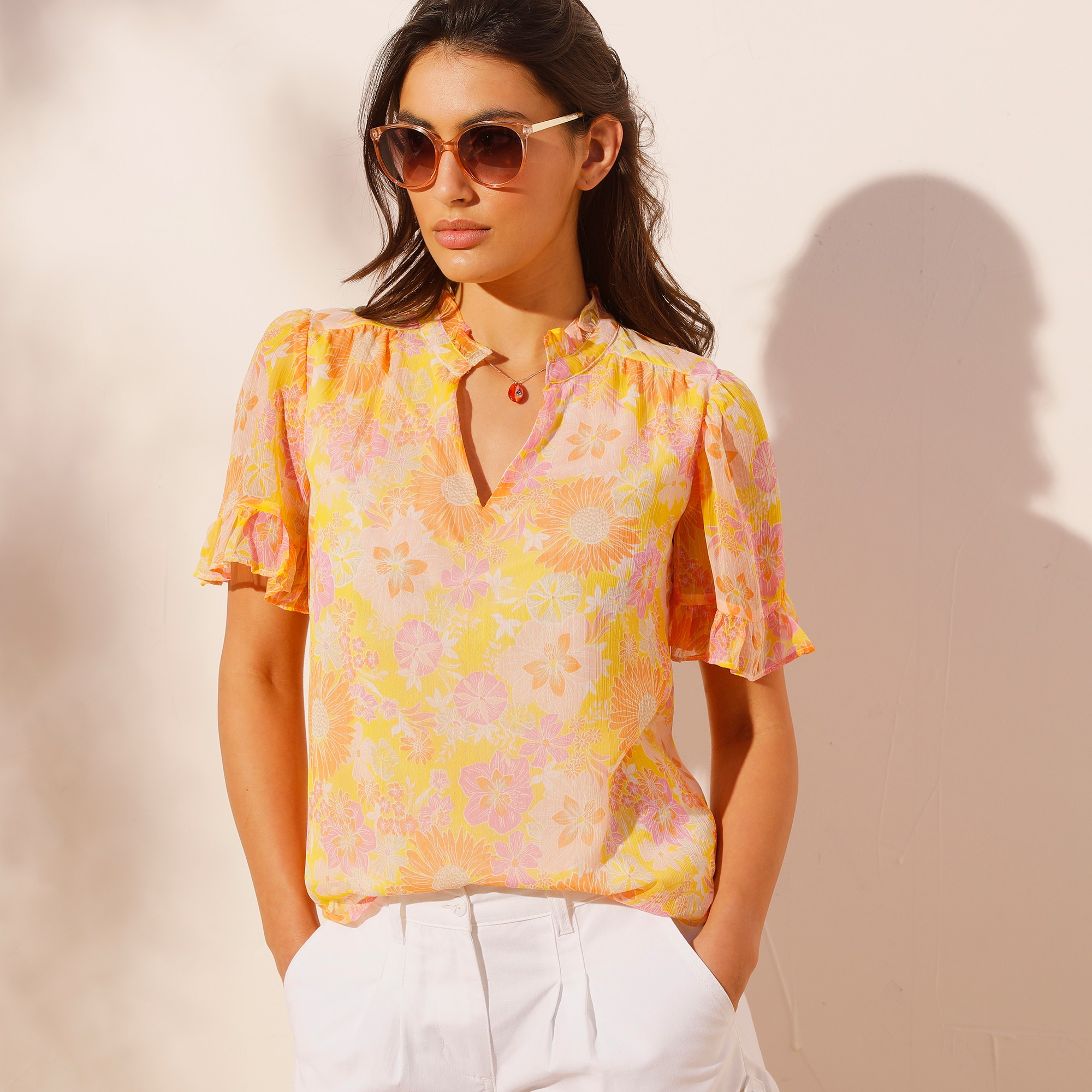 Blouse voile imprimé en polyester recyclé(1) - 54 - Jaune - Coeur Au Sud