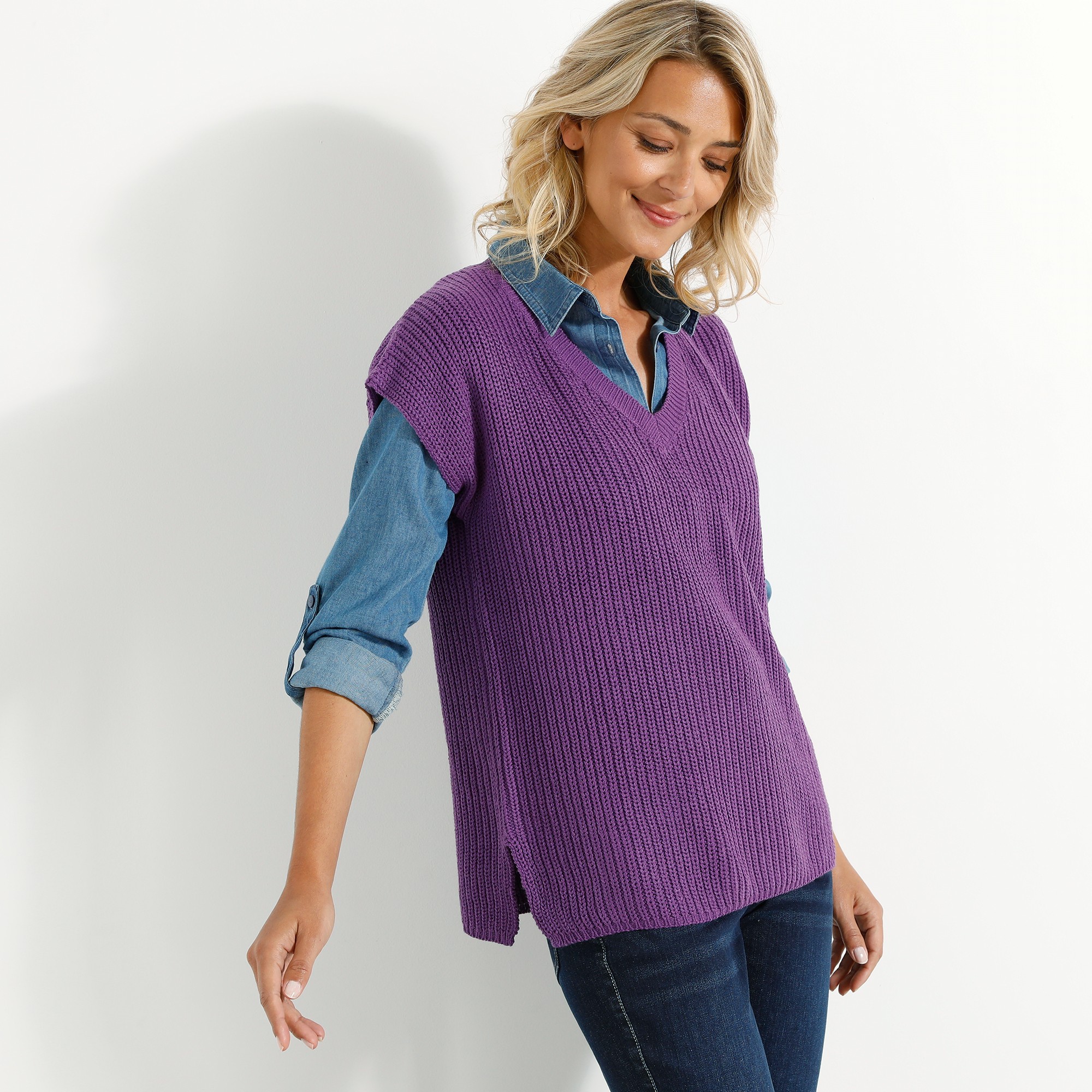 Pull Col V Manches Courtes Maille Anglaise - Blancheporte
