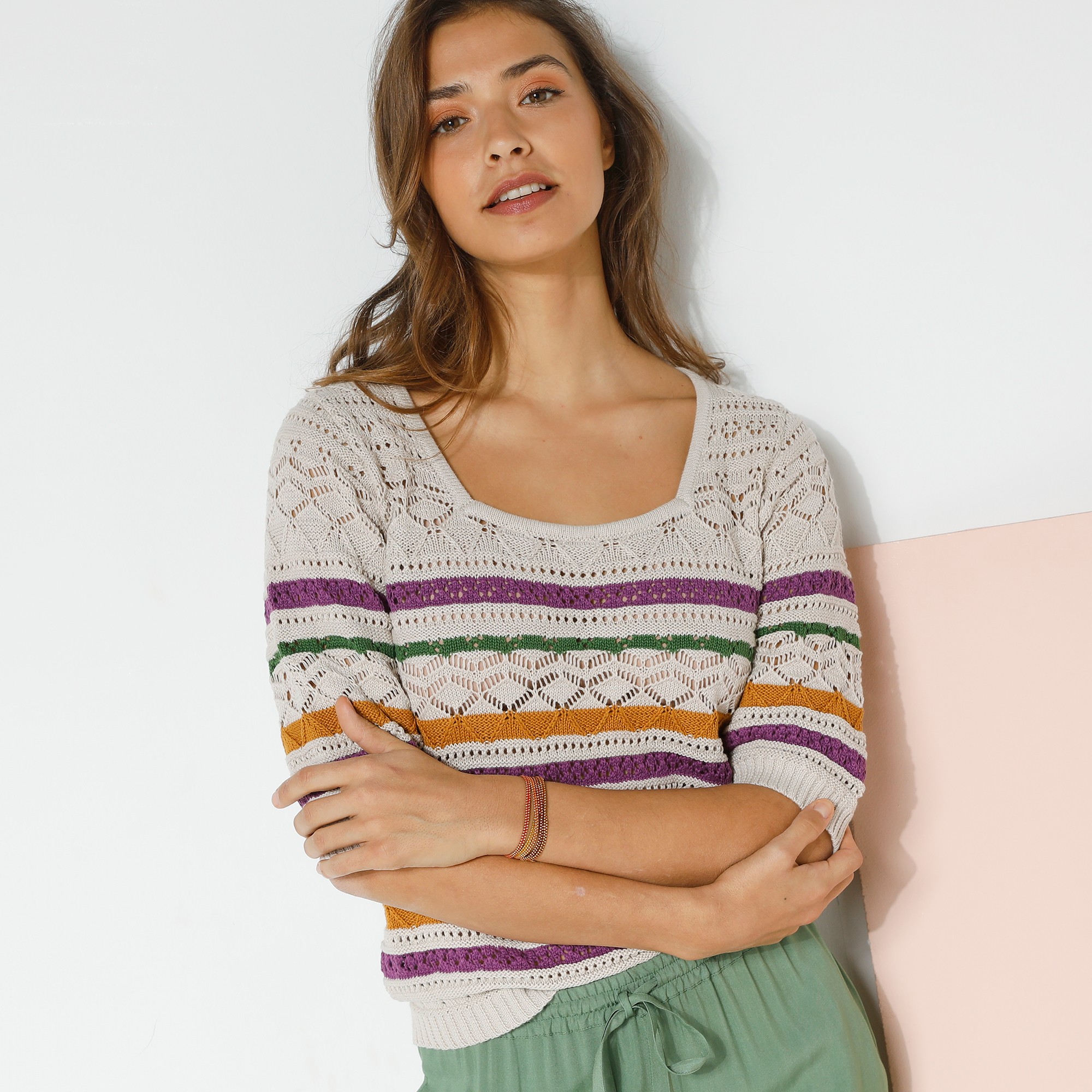 Pull Rayé Maille Ajourée Fantaisie, Manches Coude - Blancheporte