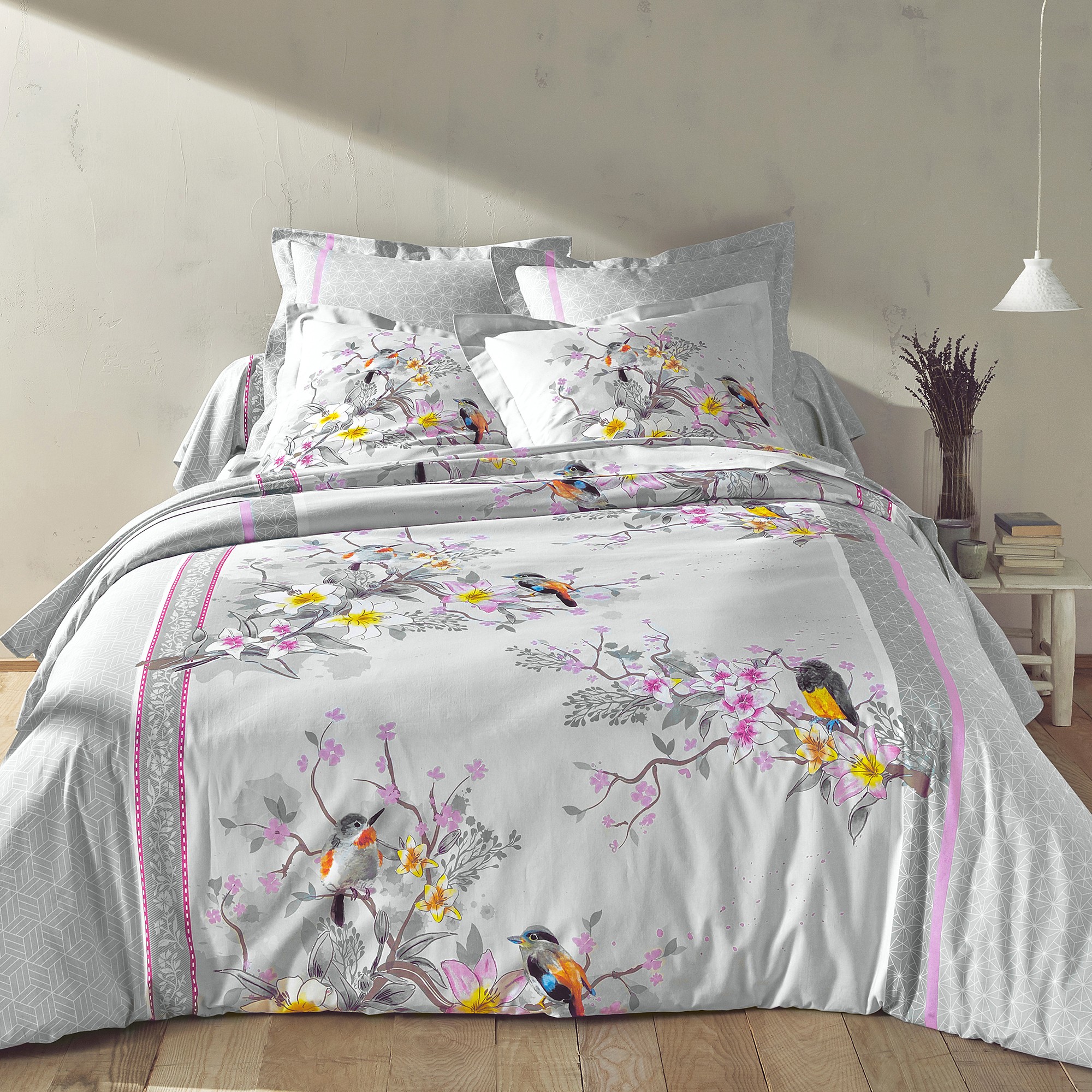 Linge de lit Birdy en coton imprimé oiseaux - Drap Plat 2 Personnesonnes : 270x300cm - Gris - Colomb