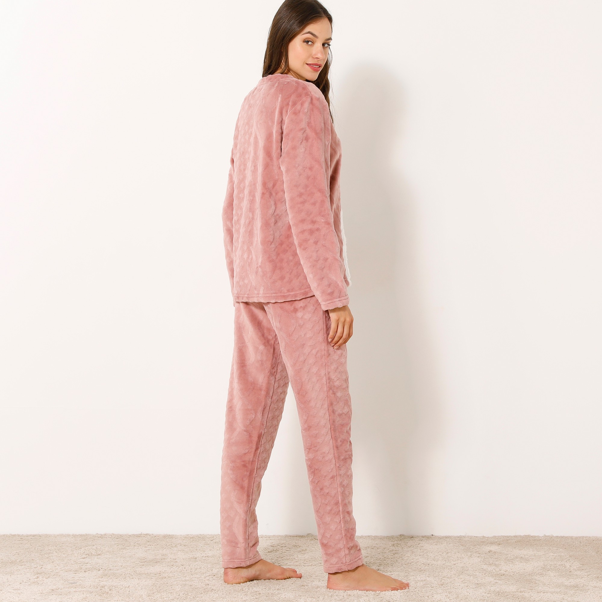 Pyjama pantalon polaire étoiles, toucher peluche, gris / rose