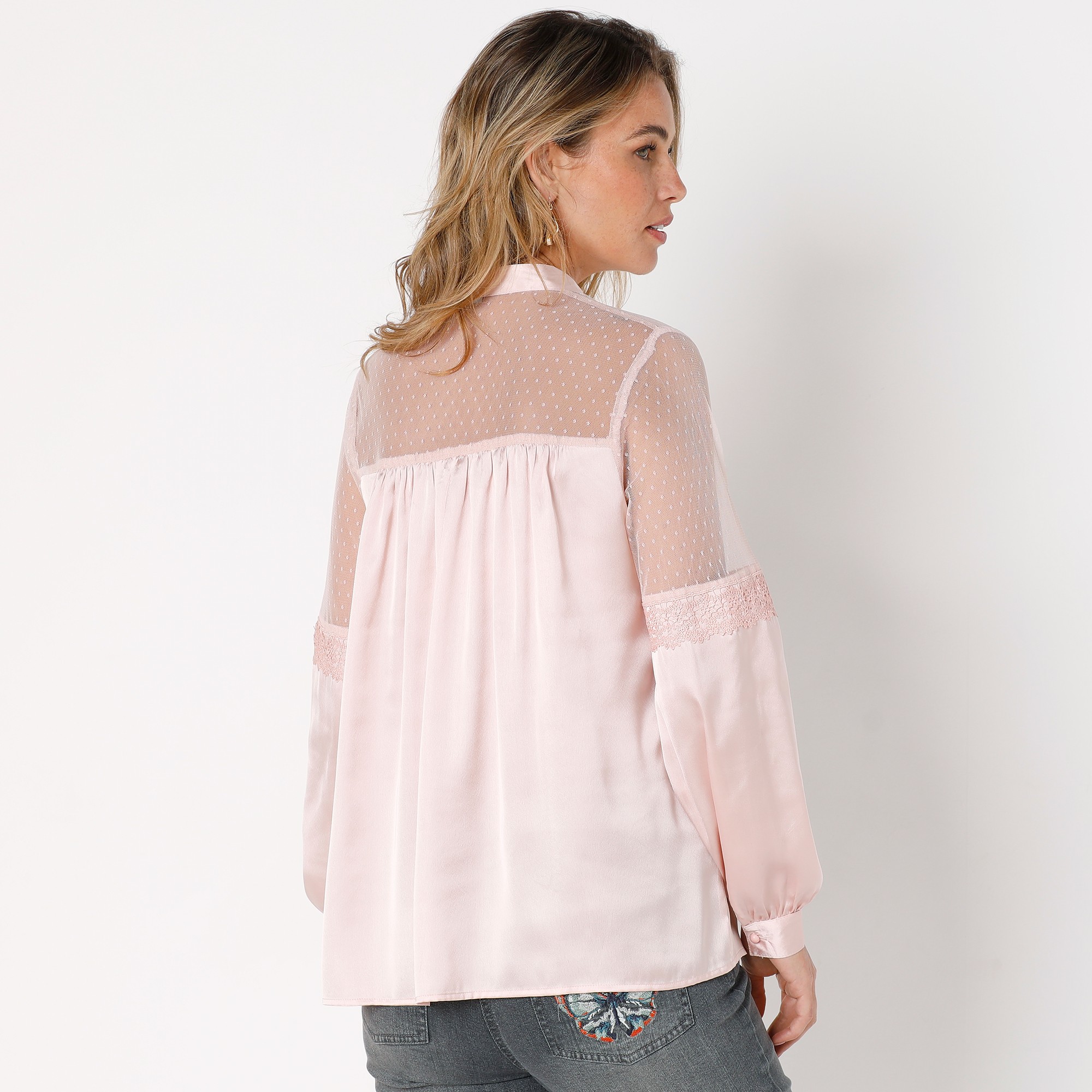 Chemisier boutonne satin et plumetis rose poudre Blancheporte