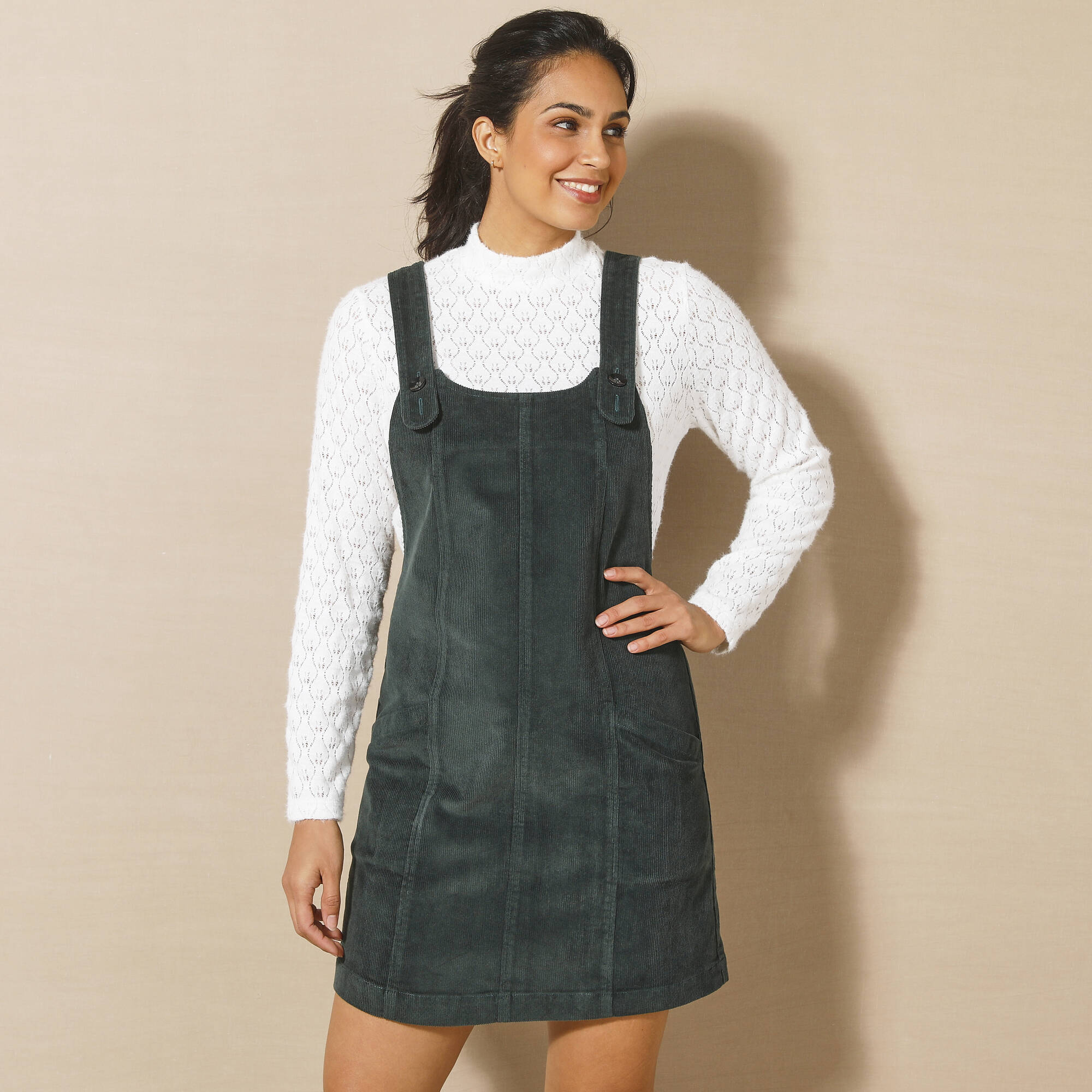 Robe chasuble evasee velours cotele vert fonce Blancheporte