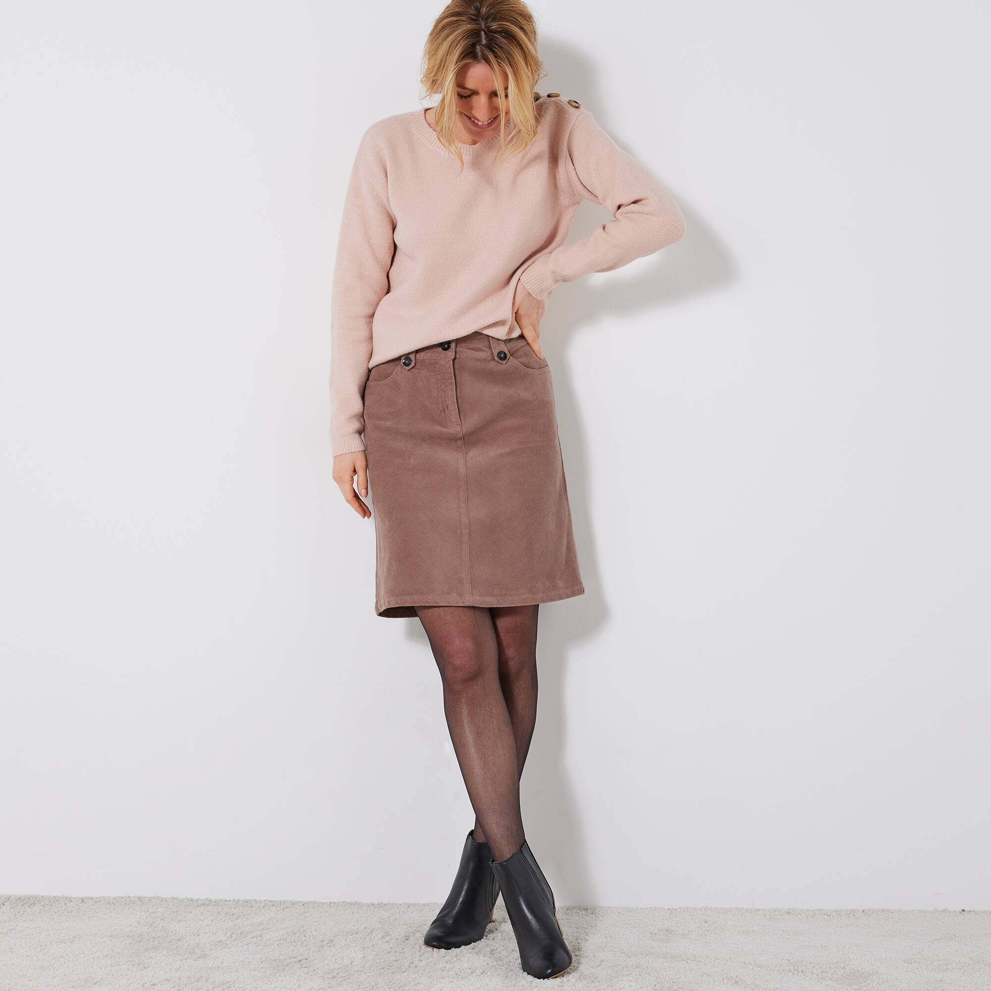 Jupe coupe trapeze velours cotele taupe Blancheporte