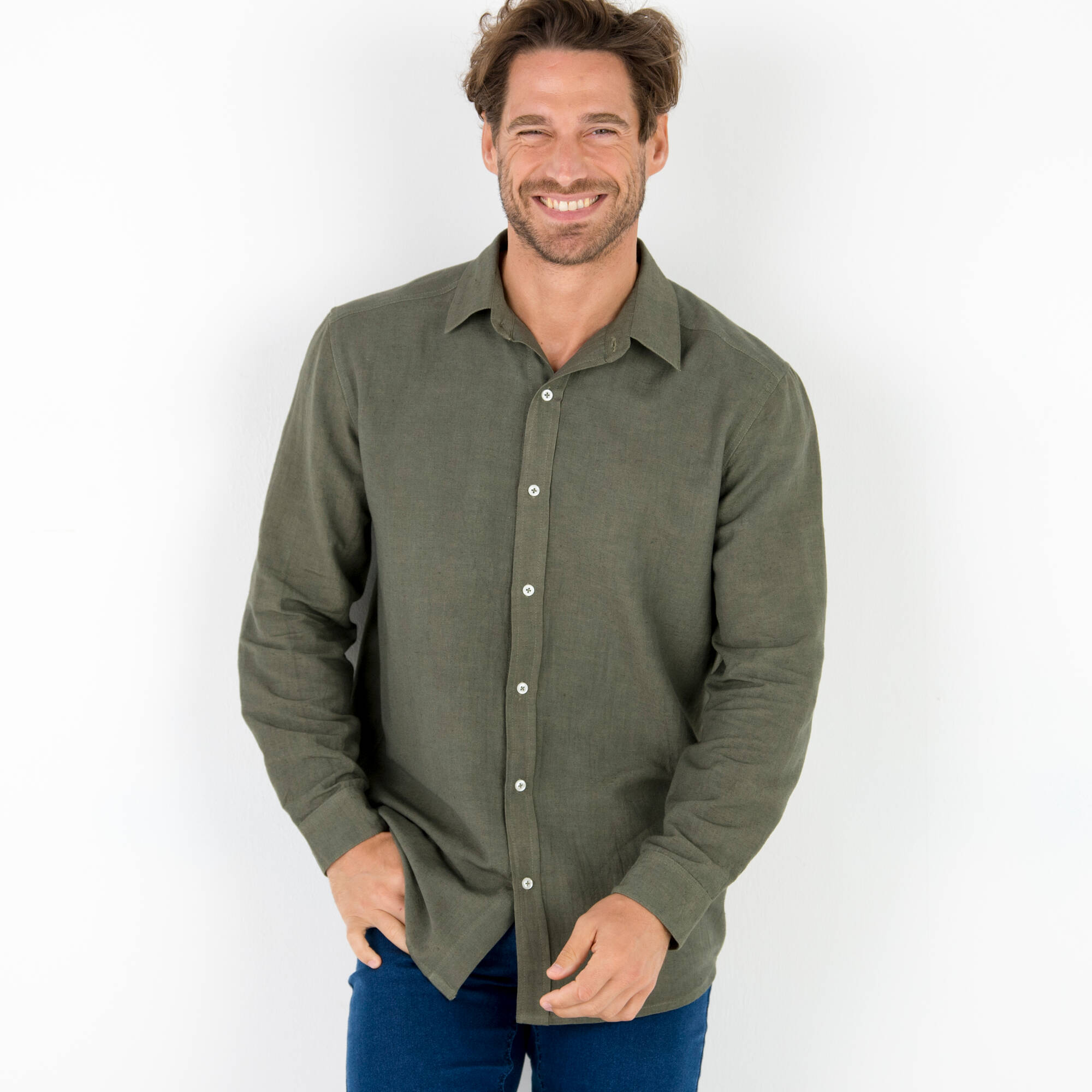 Chemise coton lin manches longues boutonnée - Blancheporte