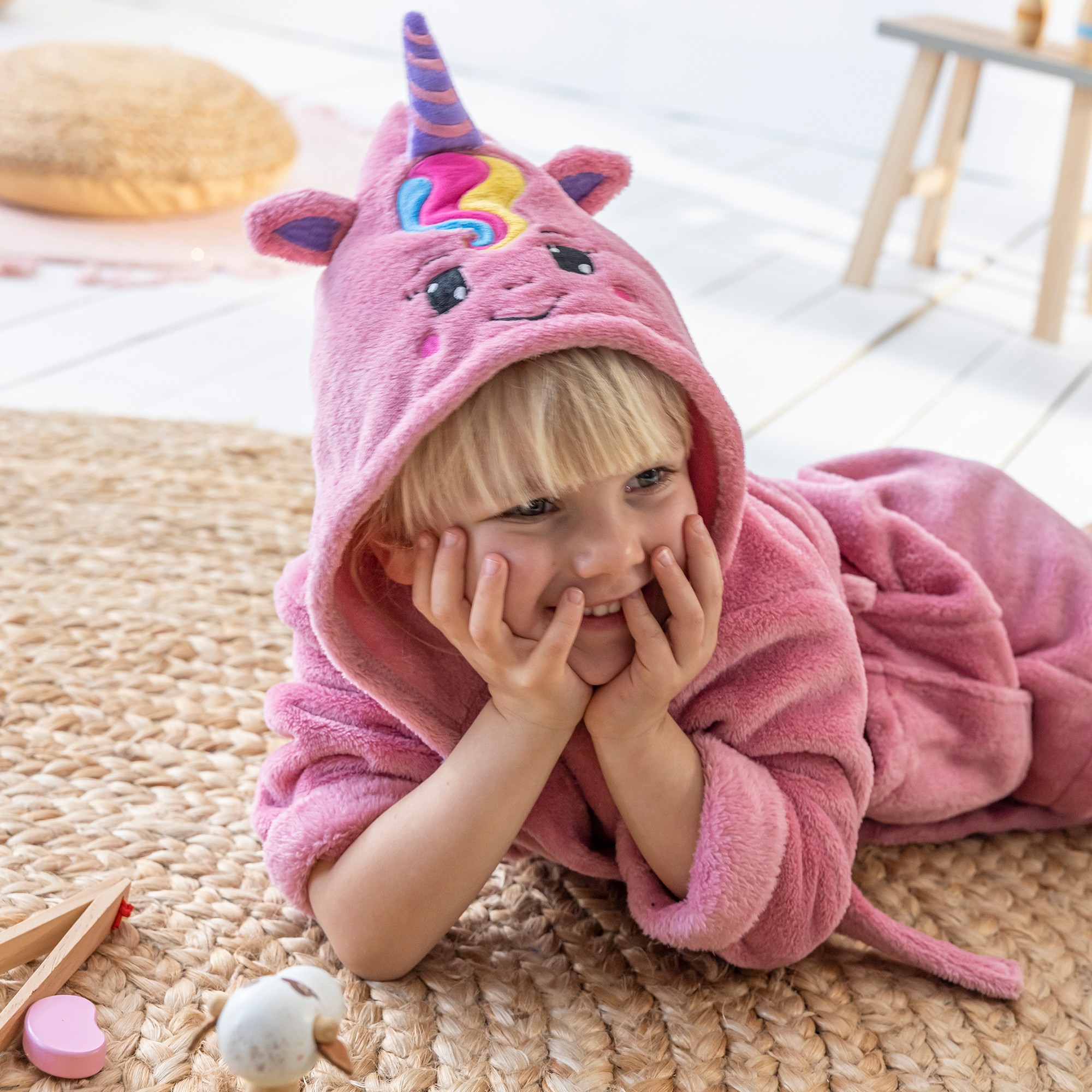 Peignoir de bain enfant a capuche licorne personnalisable microfibre rose Blancheporte