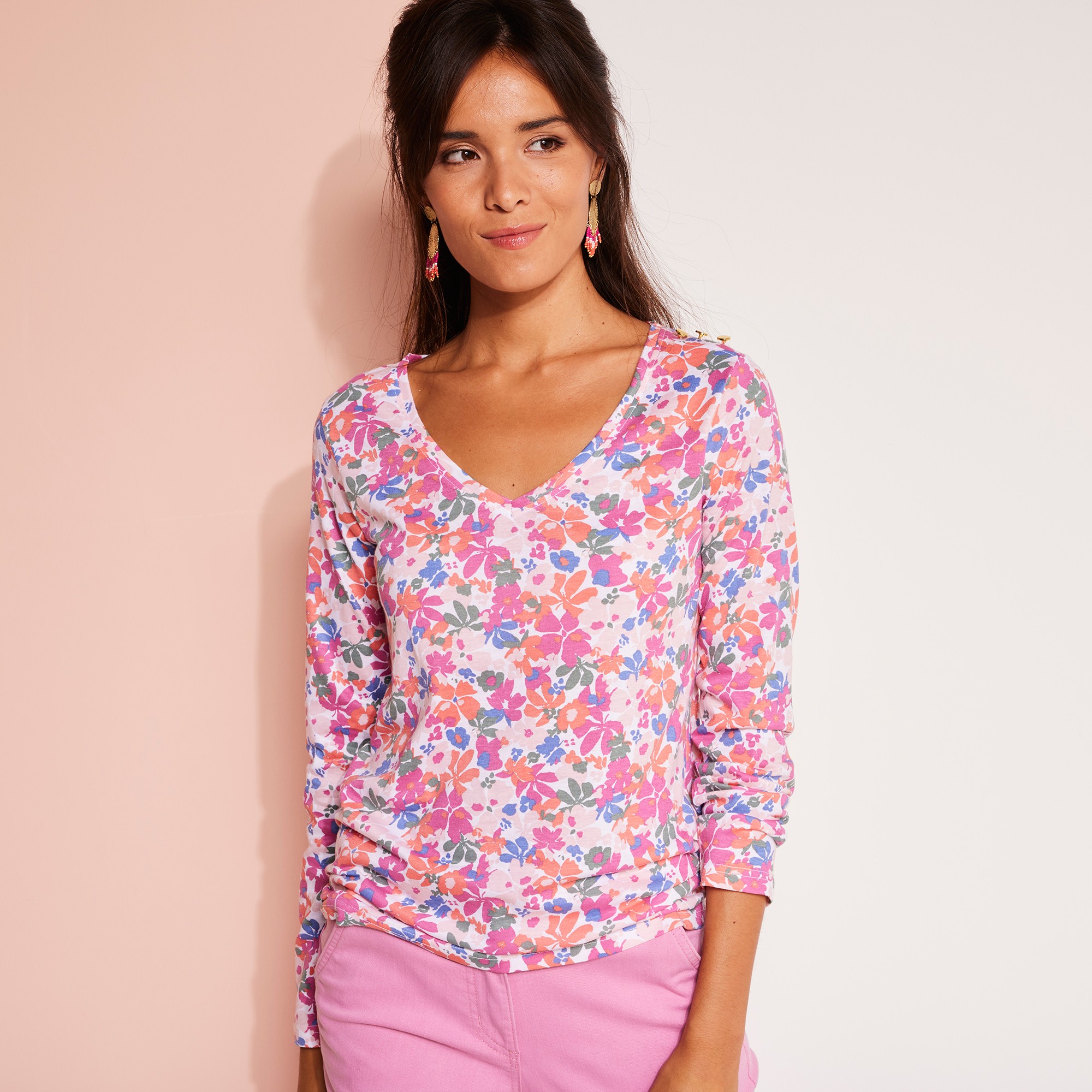 T-shirt Col V Manches Longues, Imprimé Fleuri - Blancheporte