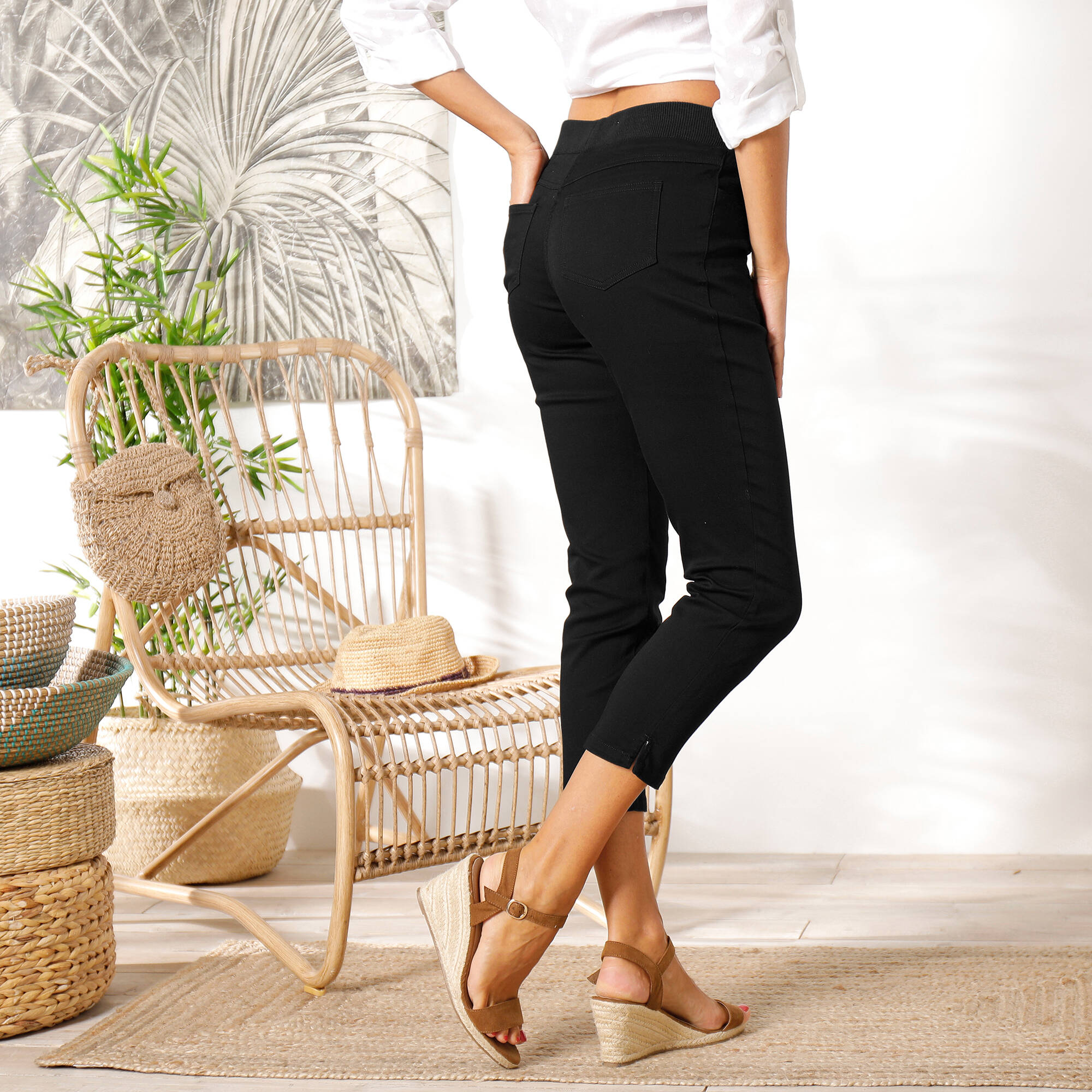 Pantacourt toile taille élastiquée, noir Blancheporte