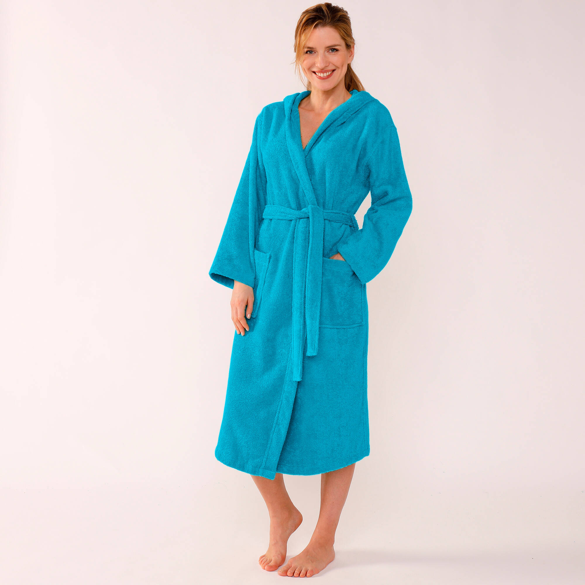 Peignoir mixte adulte col capuche eponge bouclette turquoise Blancheporte