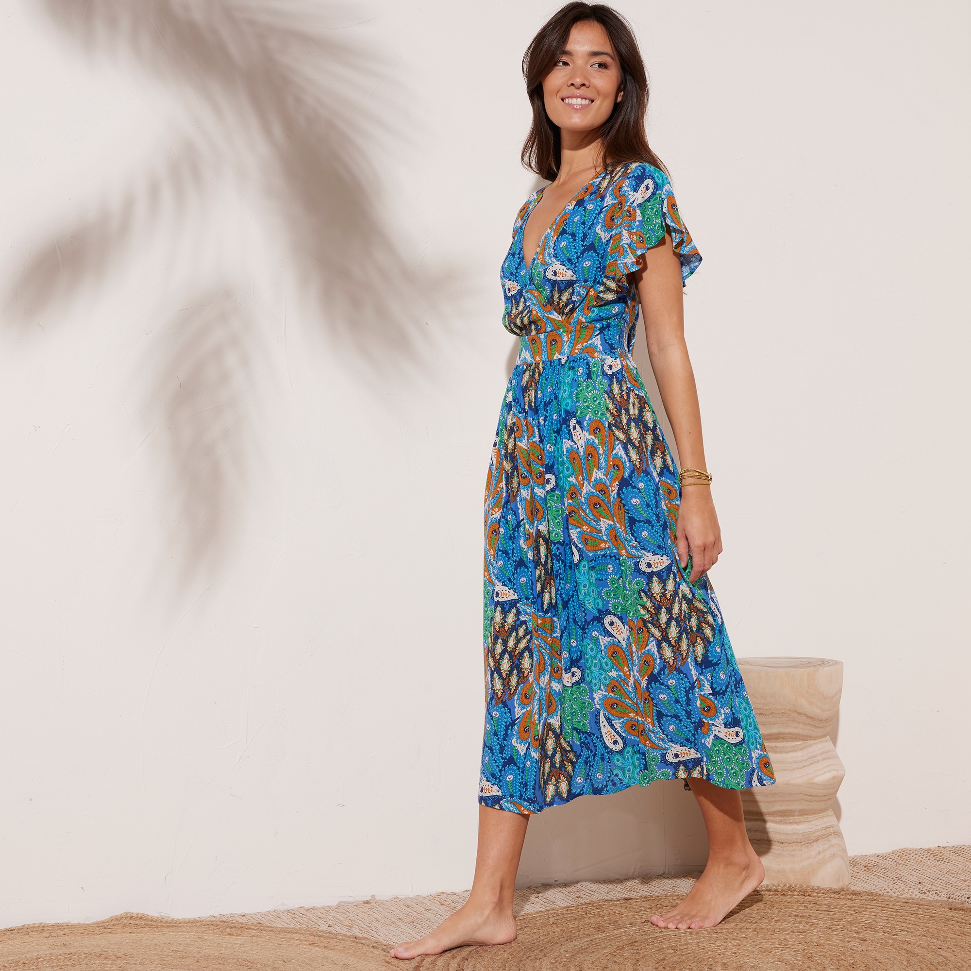 Robe volantée cache-coeur imprimée, crépon - 42 - Bleu - Lora Zellini