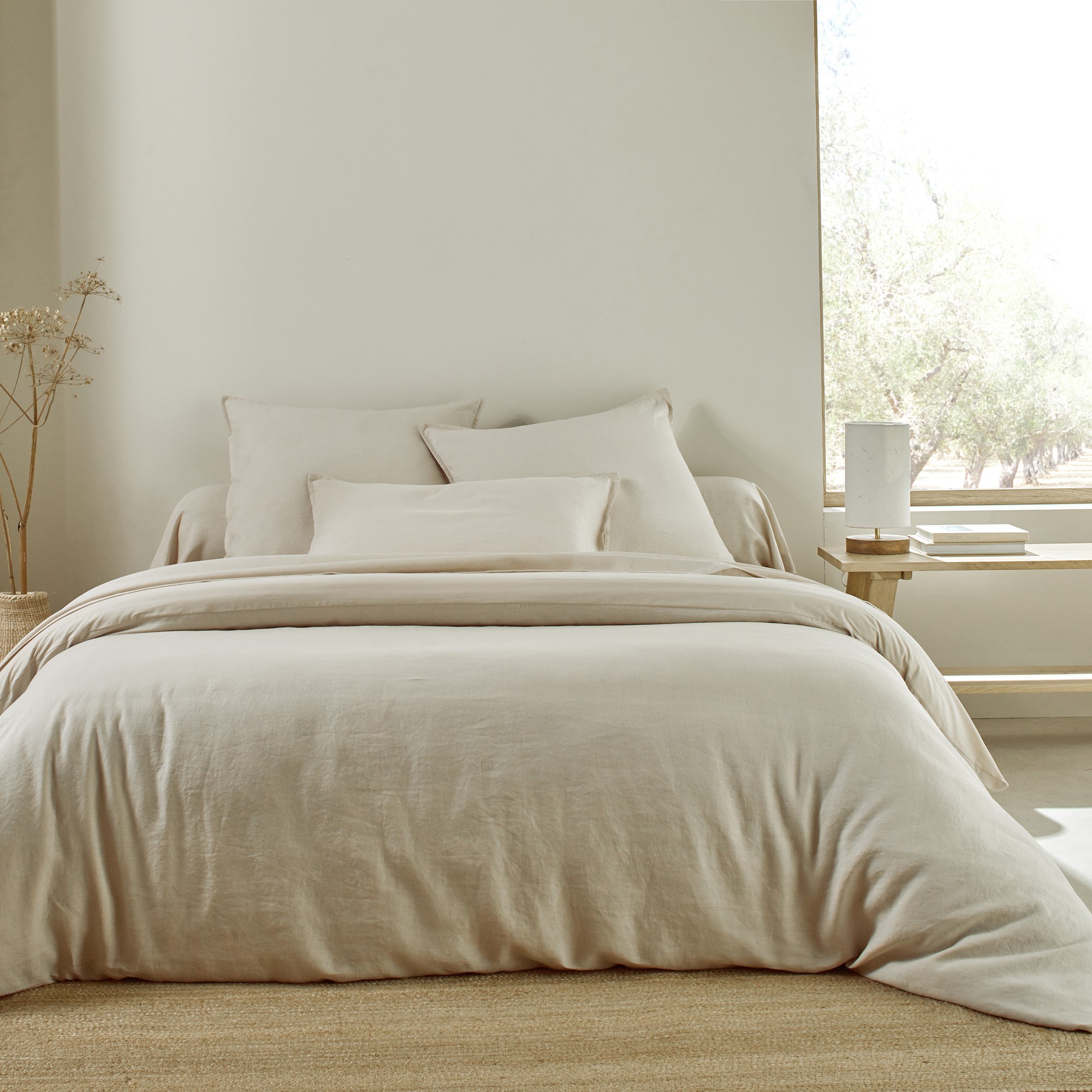 Linge de lit uni biface lin lavé / coton lavé - Drap Plat 2 Personnesonnes : 270x325cm - Beige - Col