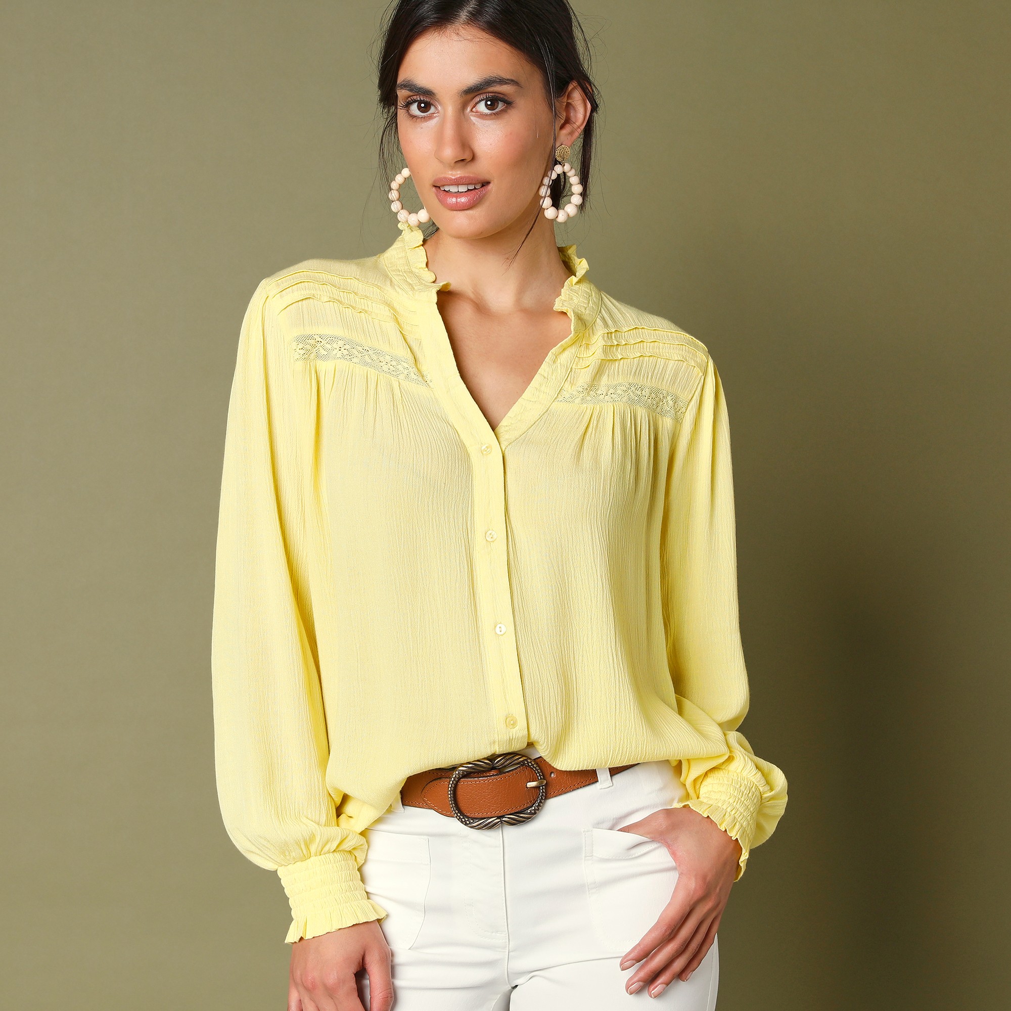 Chemisier tunique aspect crépon - 52 - Jaune - Lora Zellini