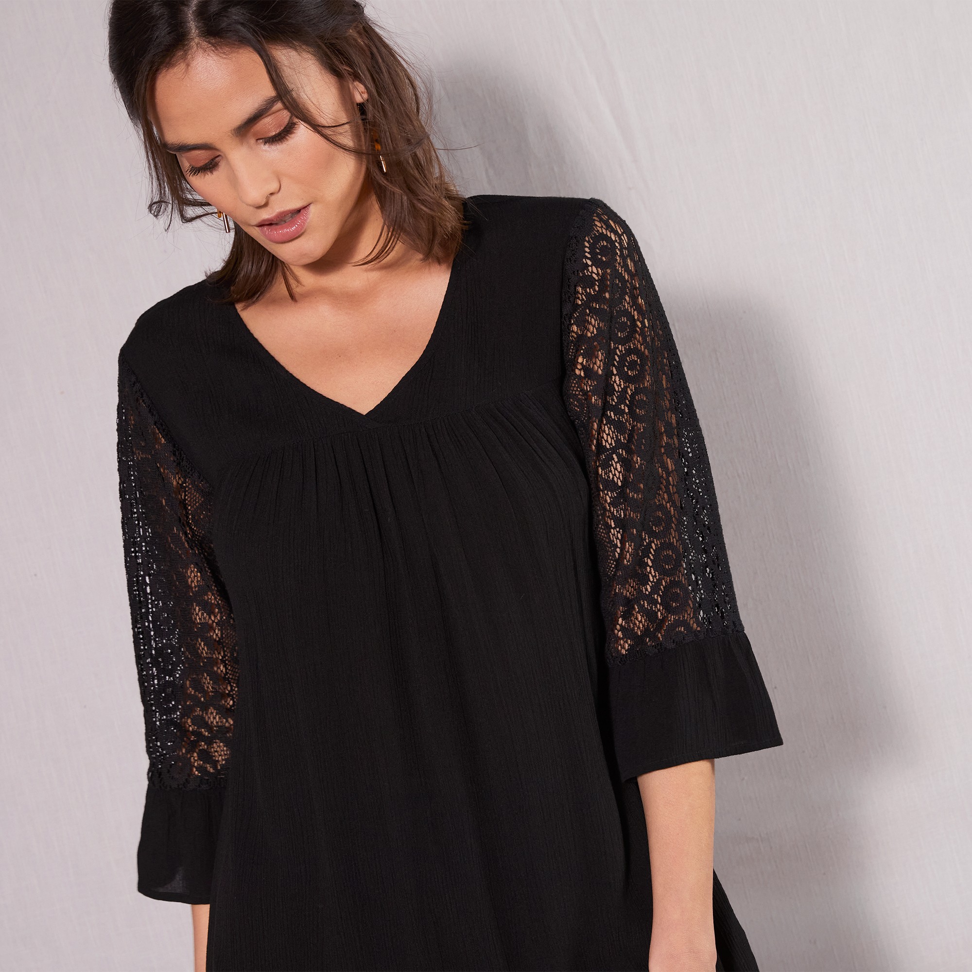 Blouse unie col V manches 3/4 macramé - 54 - Noir - Lora Zellini