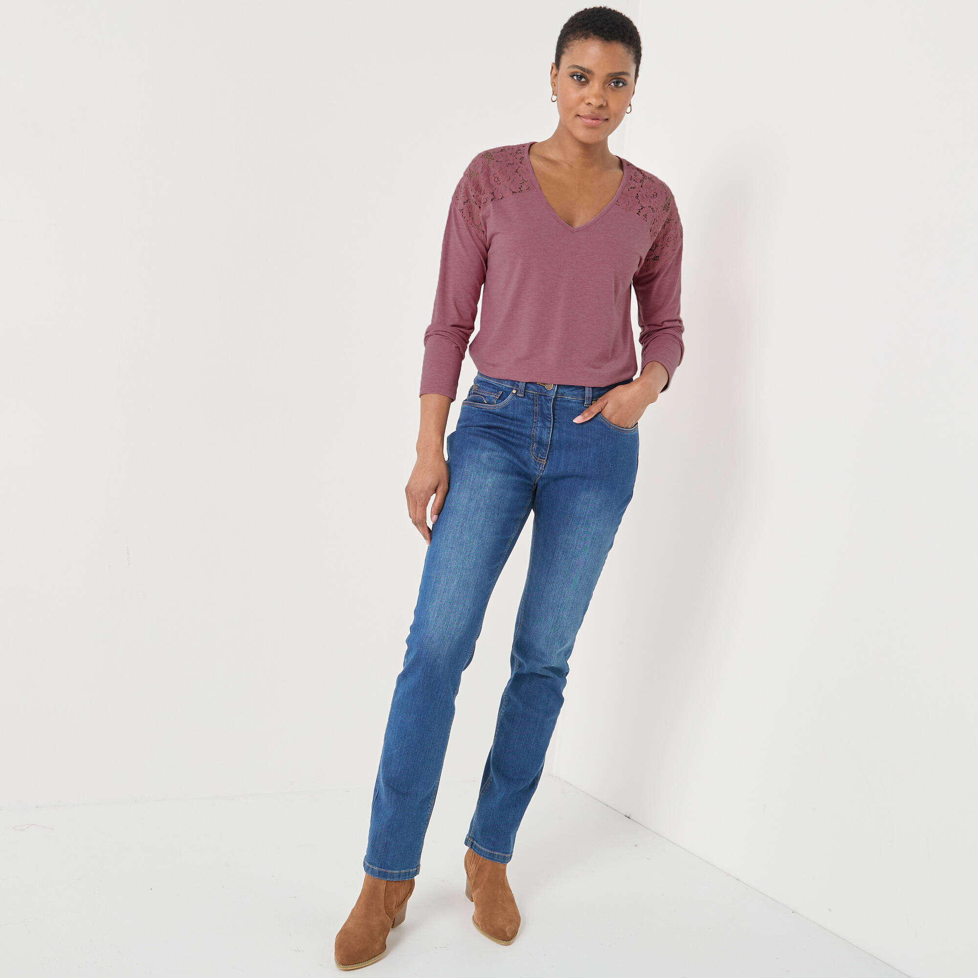 T-shirt col V manches longues dentelle - Blancheporte 26$