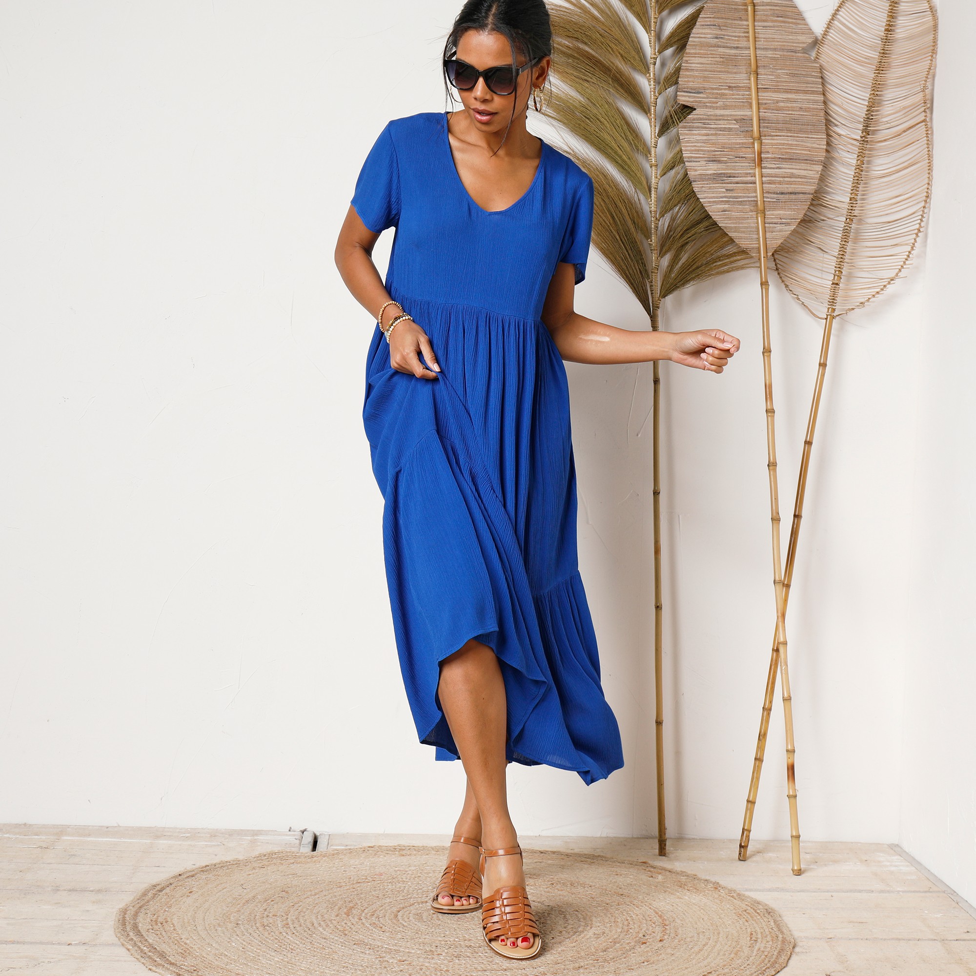 Robe Col V Longue Unie, Crépon - Blancheporte