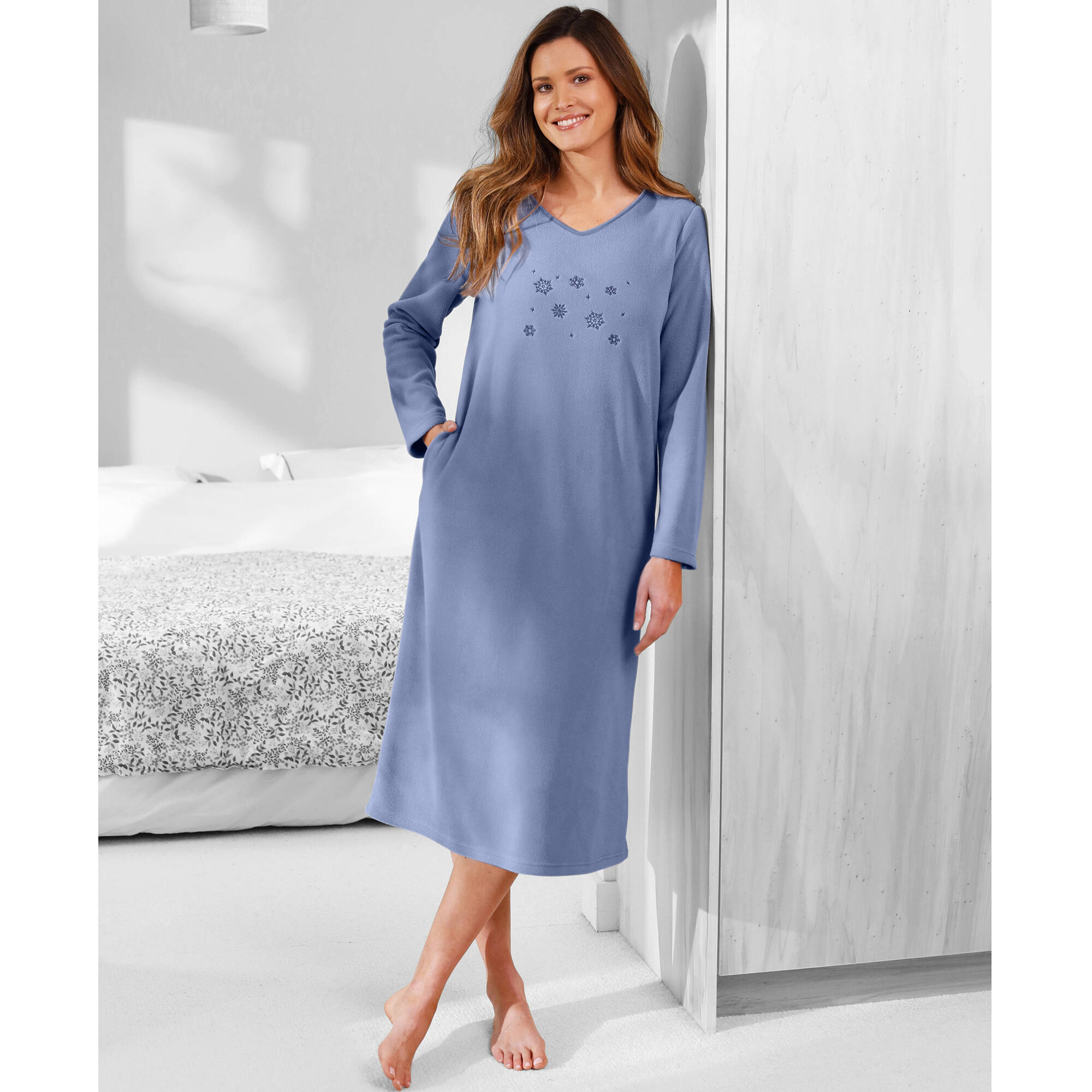 Chemise de nuit polaire manches longues brodee