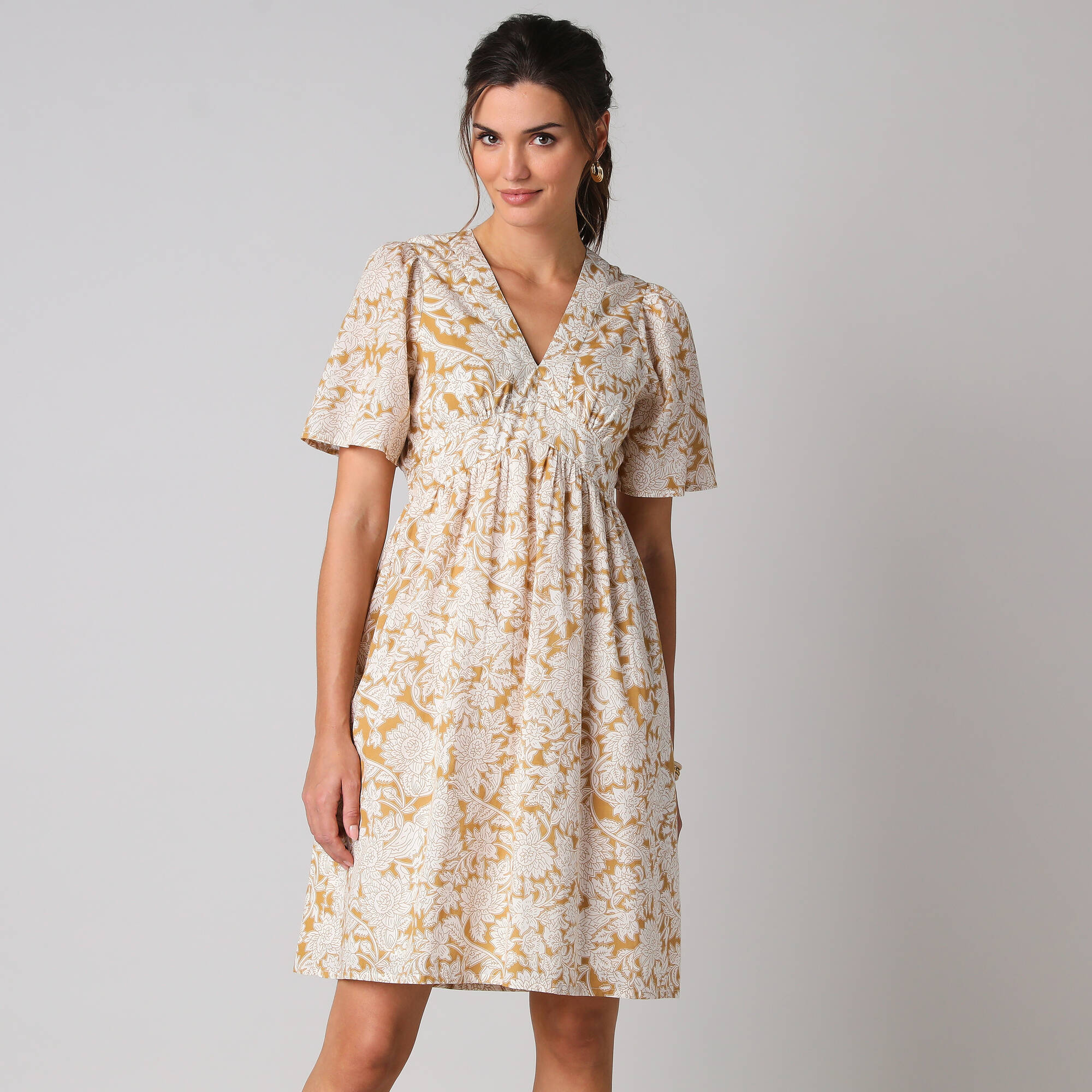 Robe courte en coton col V, imprimé bohème - Blancheporte