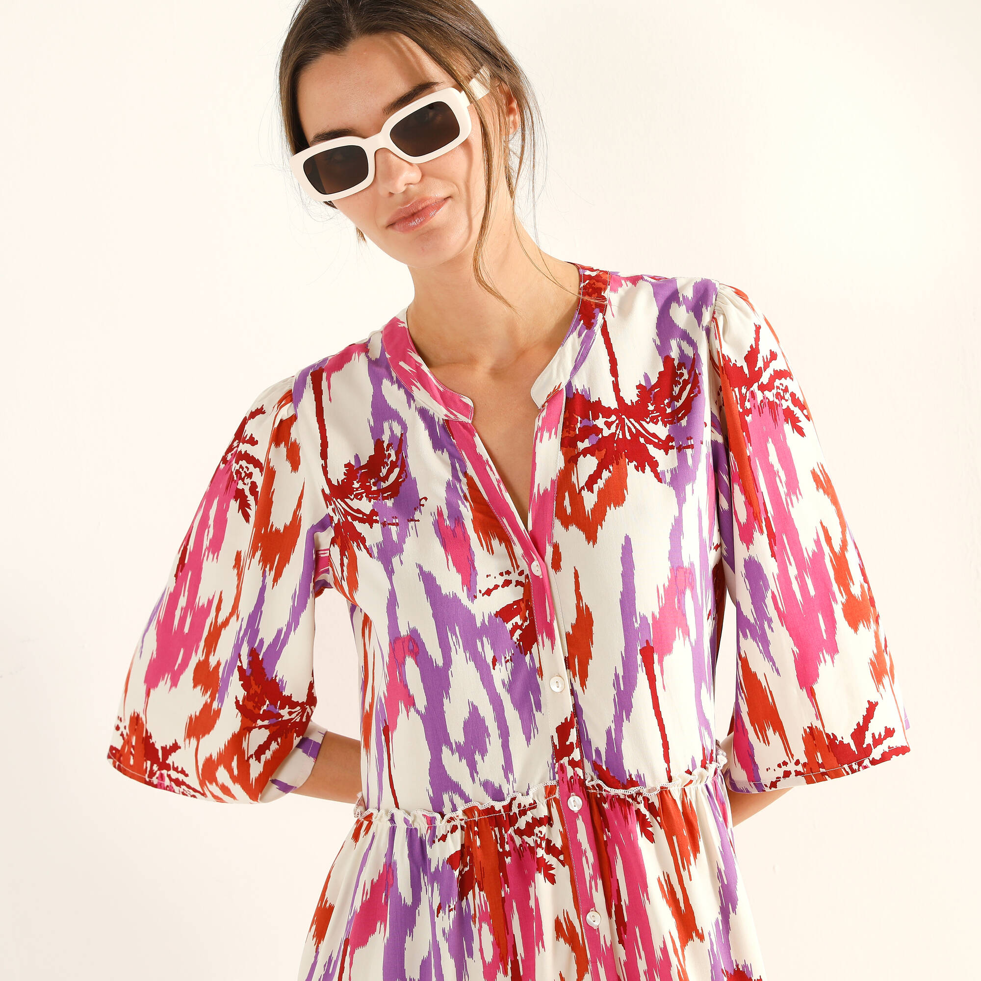 Robe col tunisien imprimée, manches évasées - Blancheporte