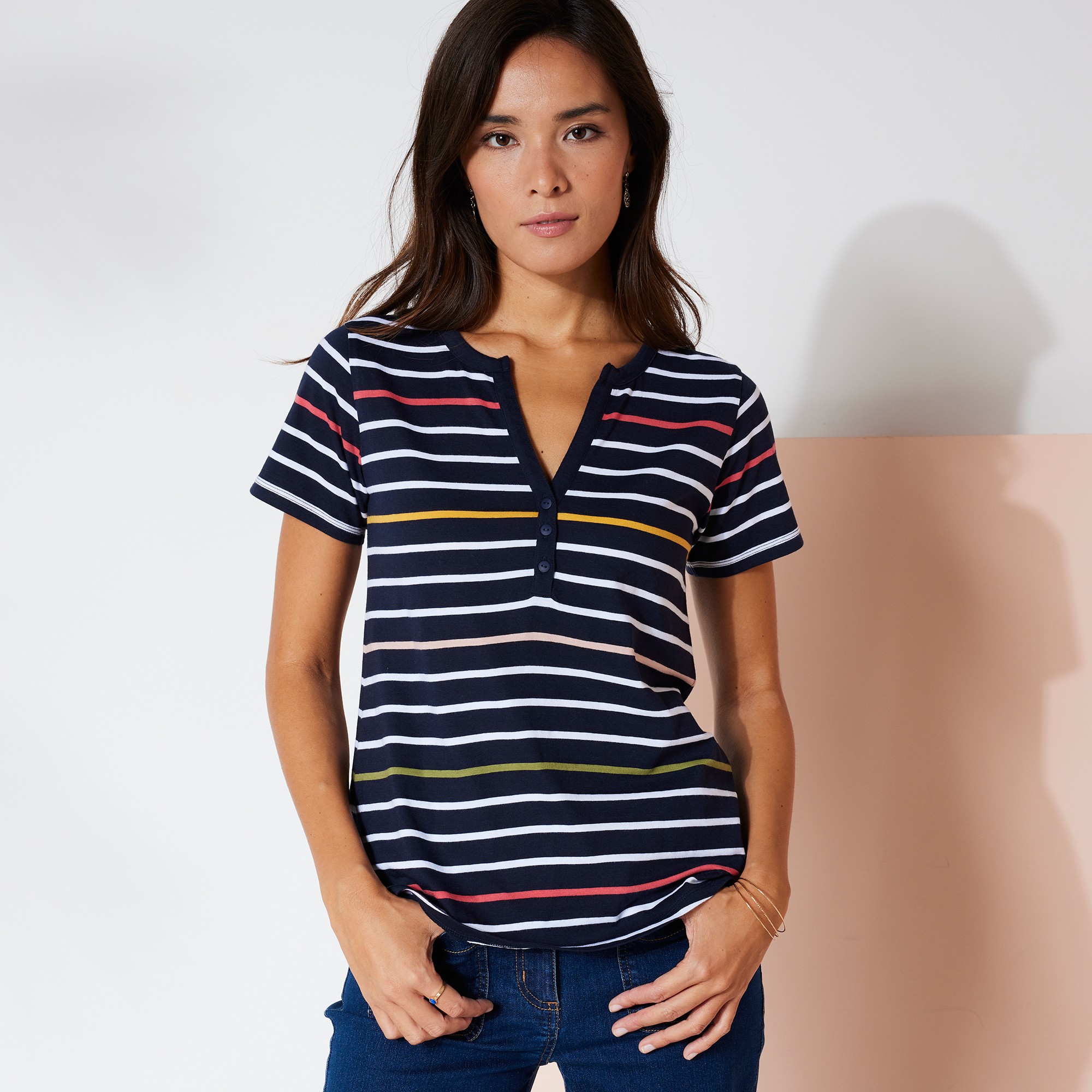 T-shirt Rayé Col Tunisien, Manches Courtes - Blancheporte