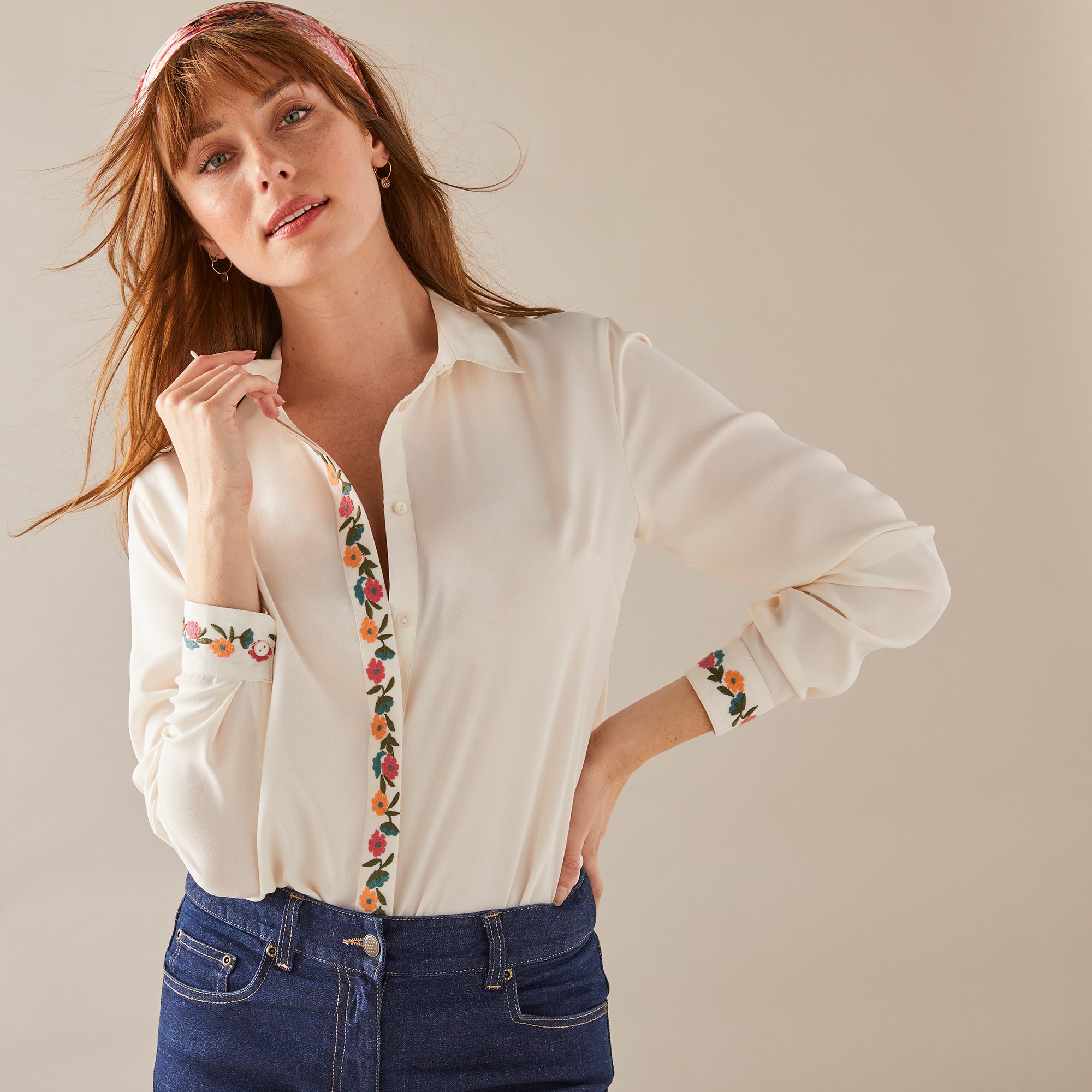 Chemisier Boutonné Brodé, Polyester Recyclé** - Blancheporte