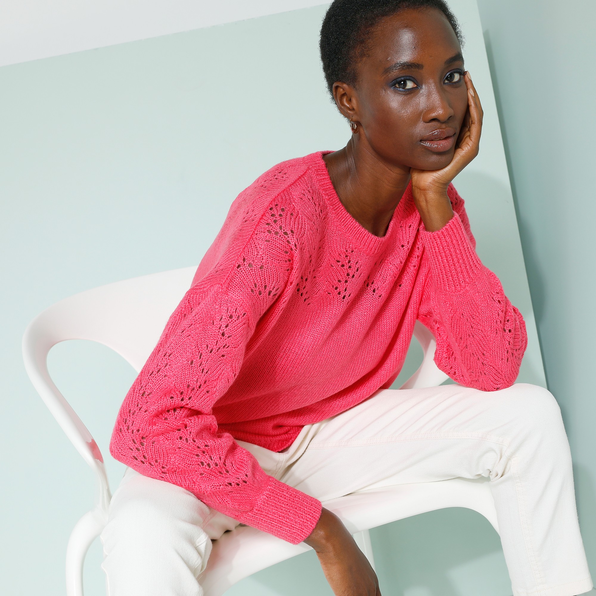 Pull Manches Longues Blousantes, Maille Ajourée Toucher Mohair - Blancheporte