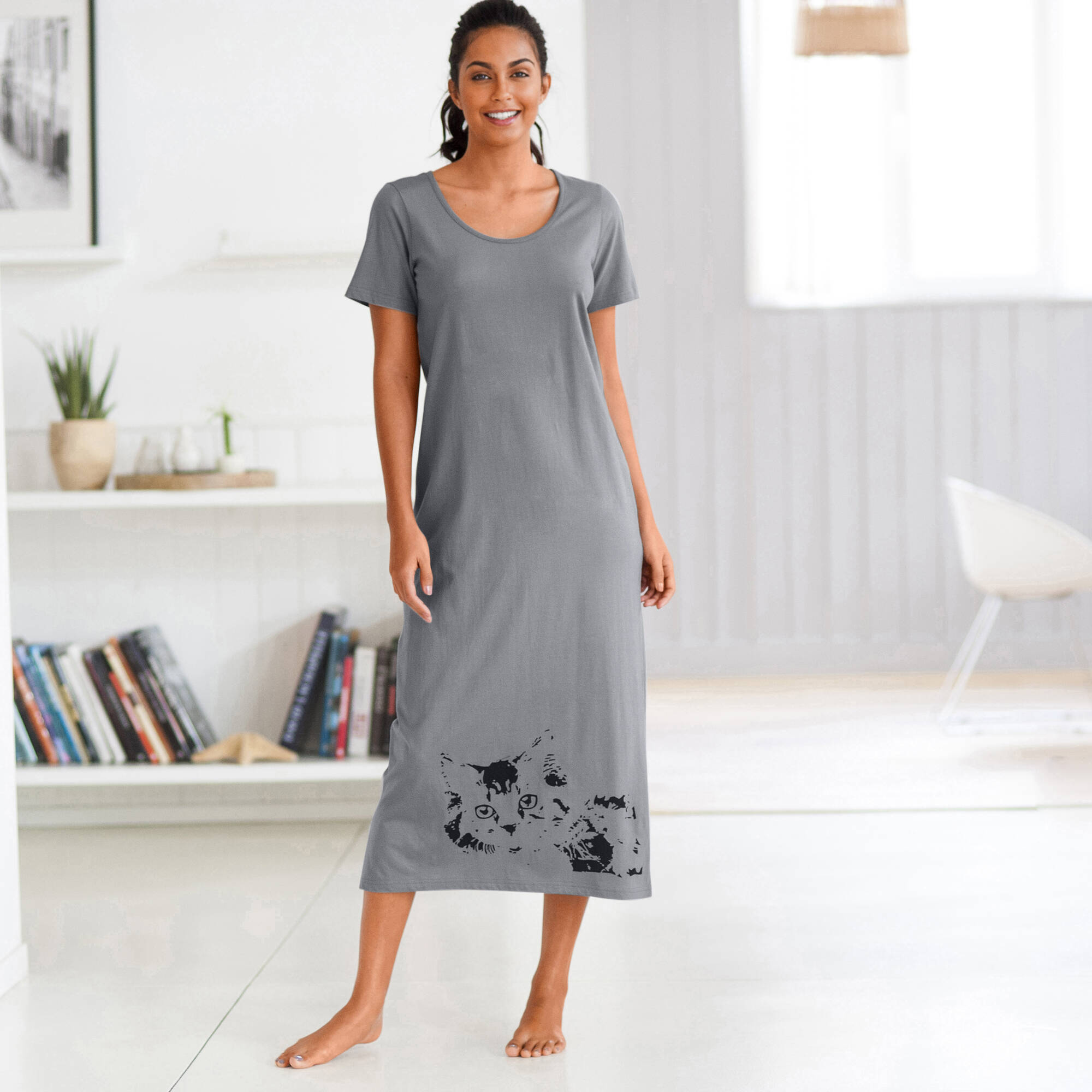 Chemise de nuit longue imprimé chat lot de 2, pêche gris
