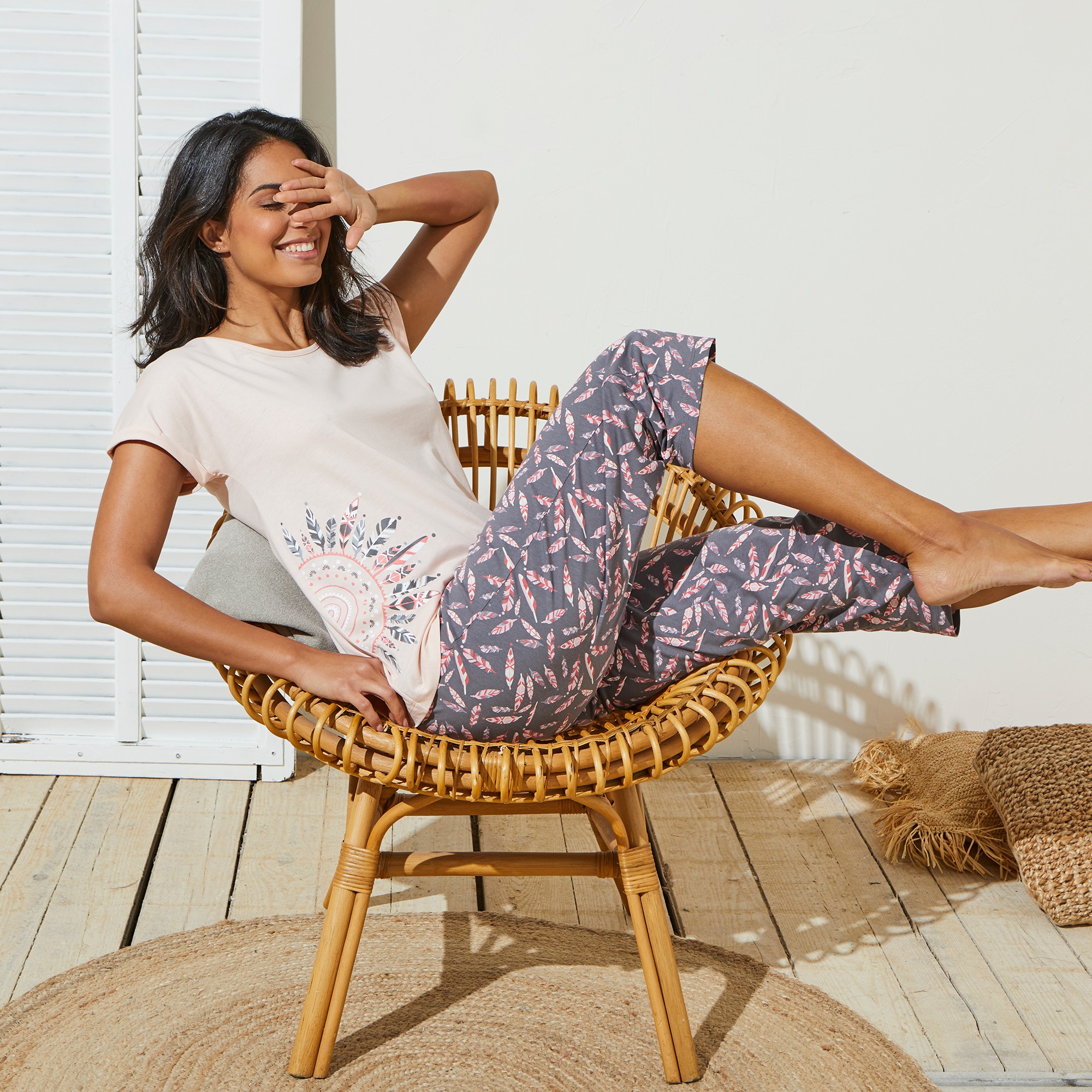 Pyjama Pantacourt En Jersey Imprimé Plumes Avec Pochon Assorti - Blancheporte