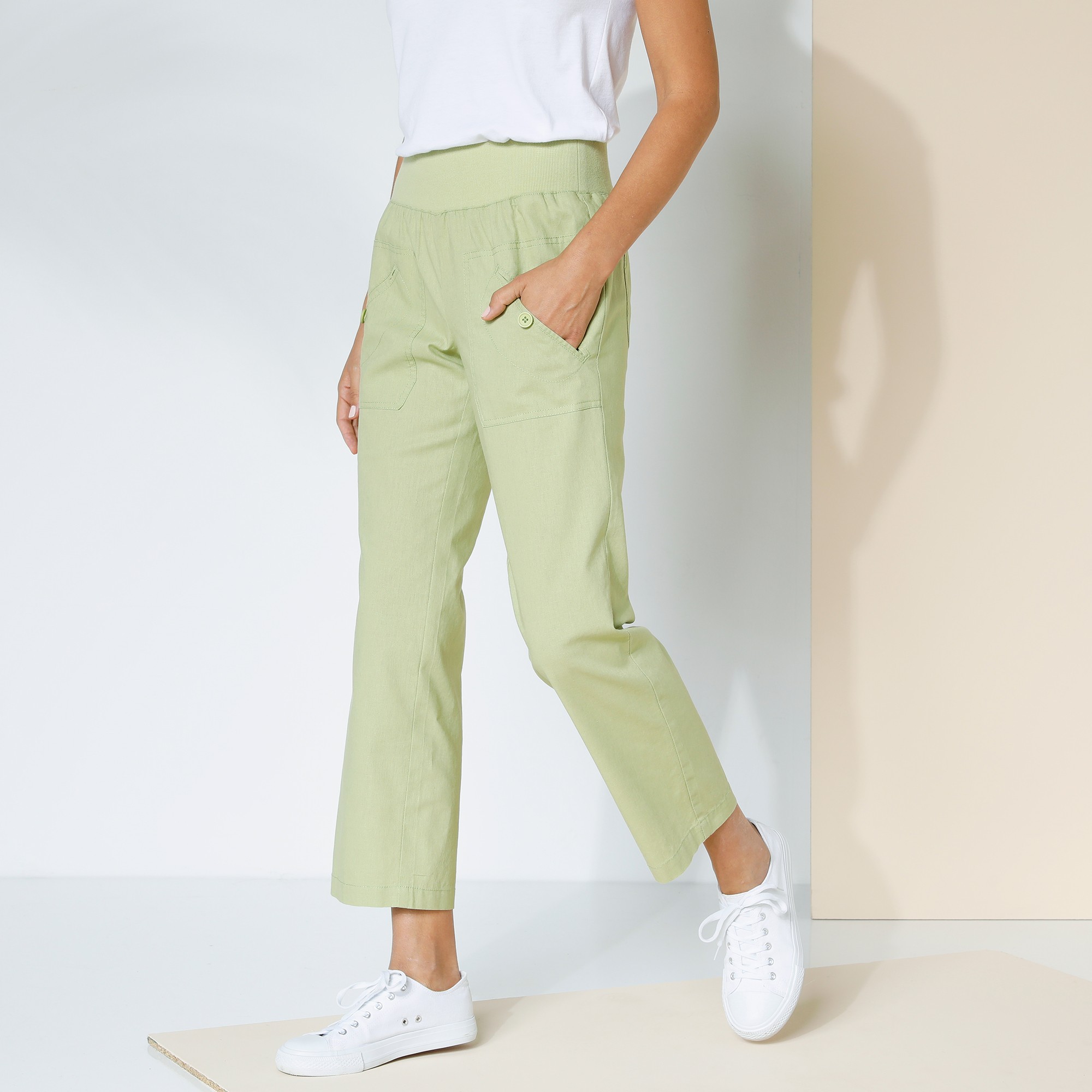Pantalon Coupe Droite 7/8ème Taille Élastiquée, Lin Coton - Blancheporte
