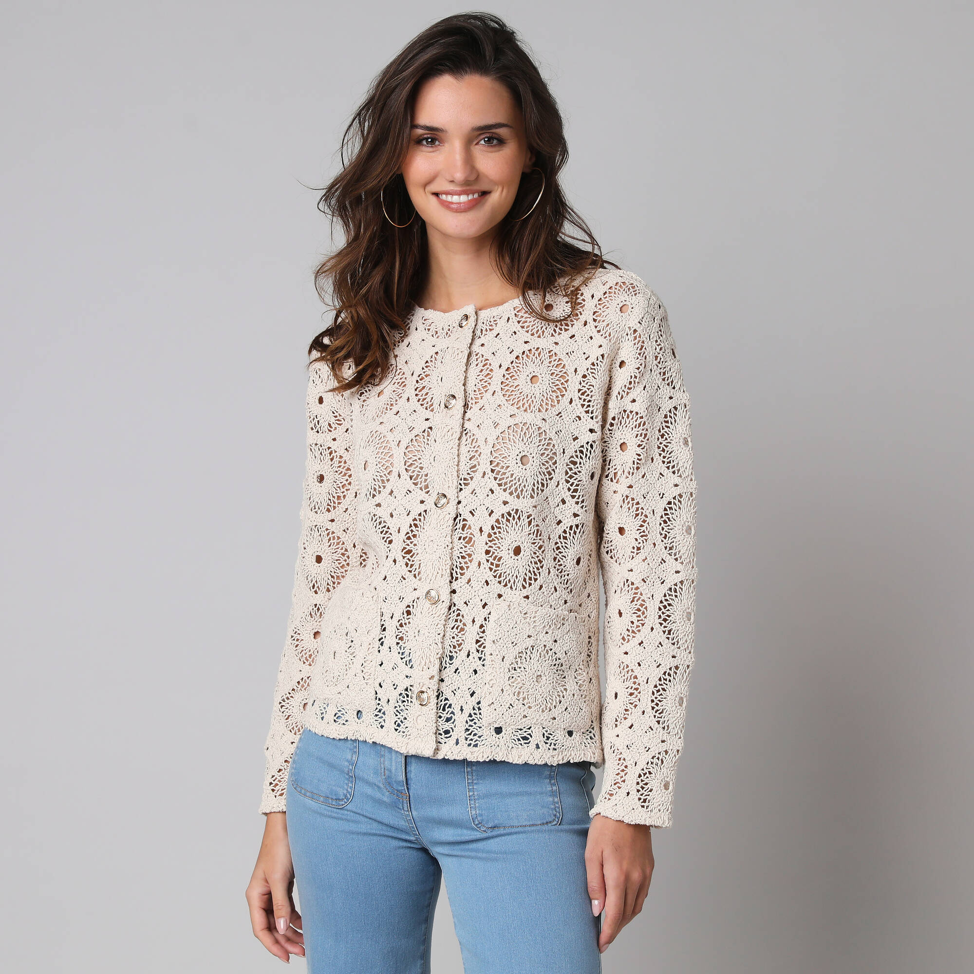 Veste boutonne poches en macram - Blancheporte 46$
