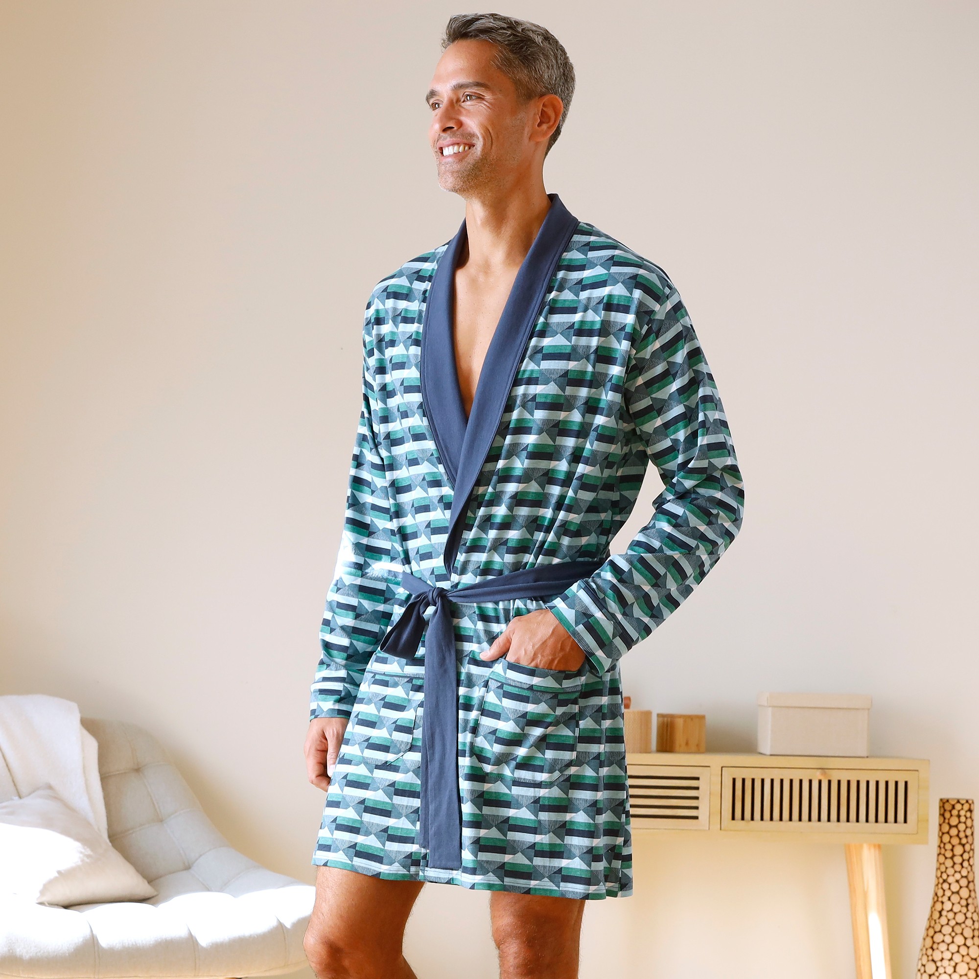 Robe De Chambre Courte Imprimée Col Châle Uni - Blancheporte