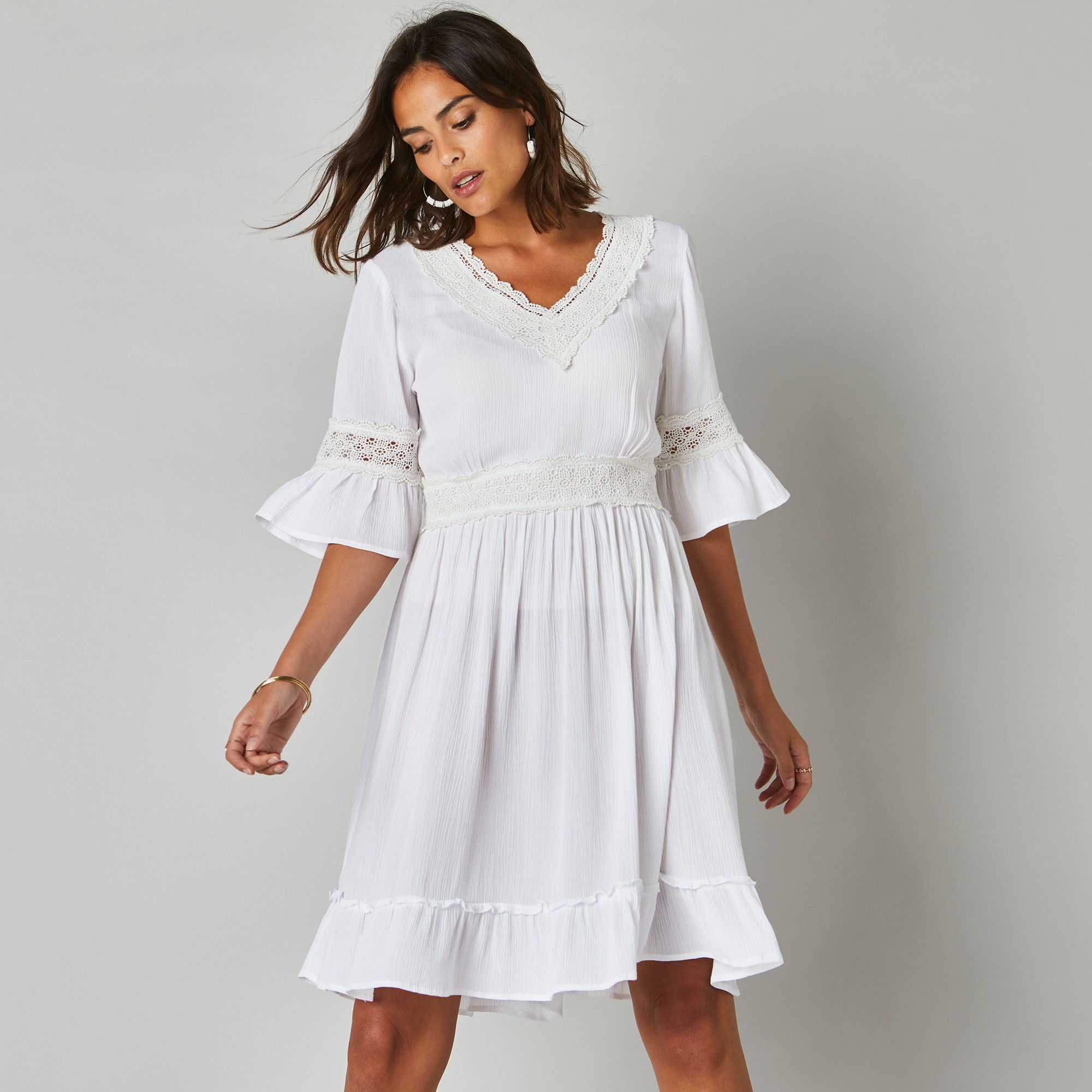 Robe courte macramé unie, crépon - 36 - Blanc - Lora Zellini