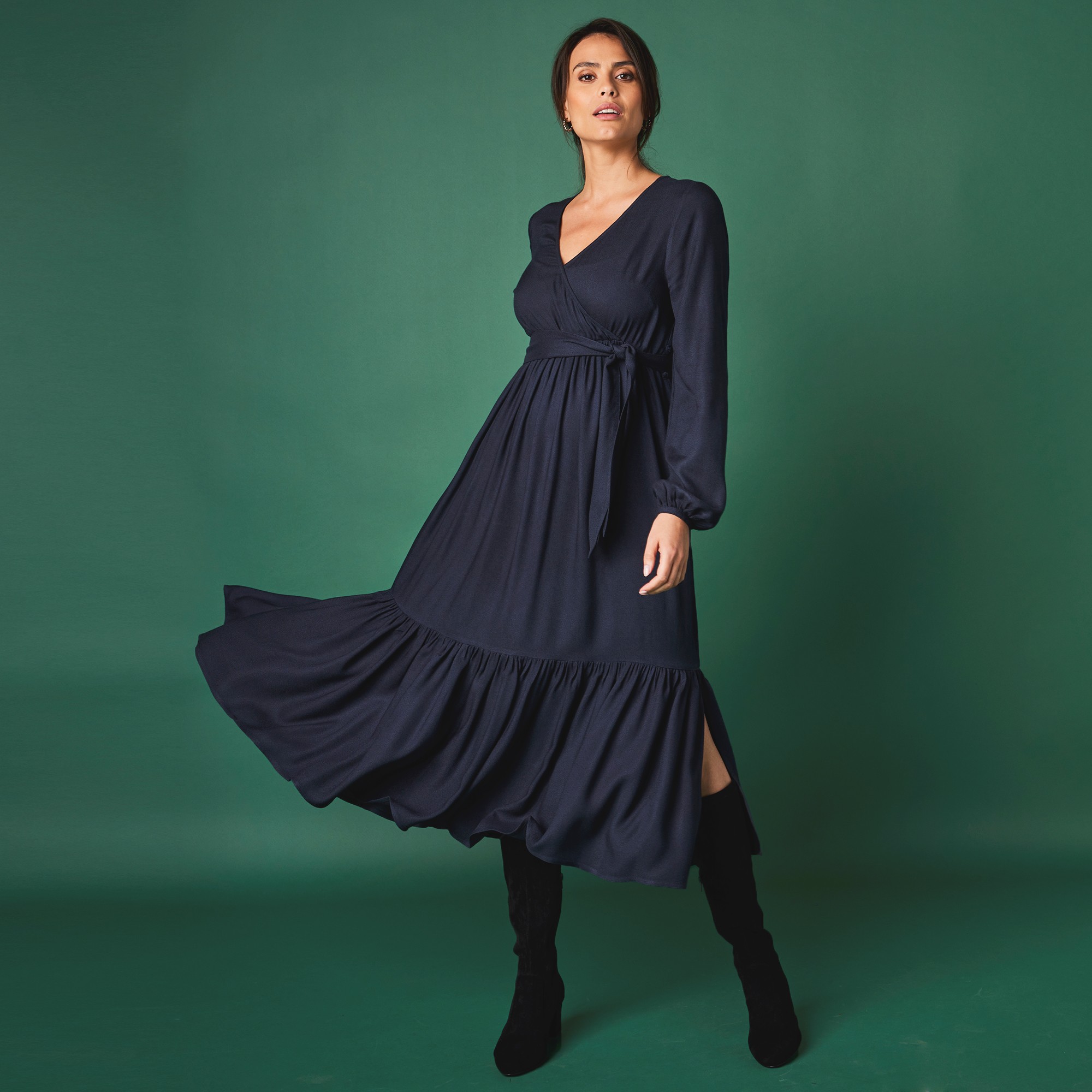 Robe longue fluide forme cache coeur marine Blancheporte