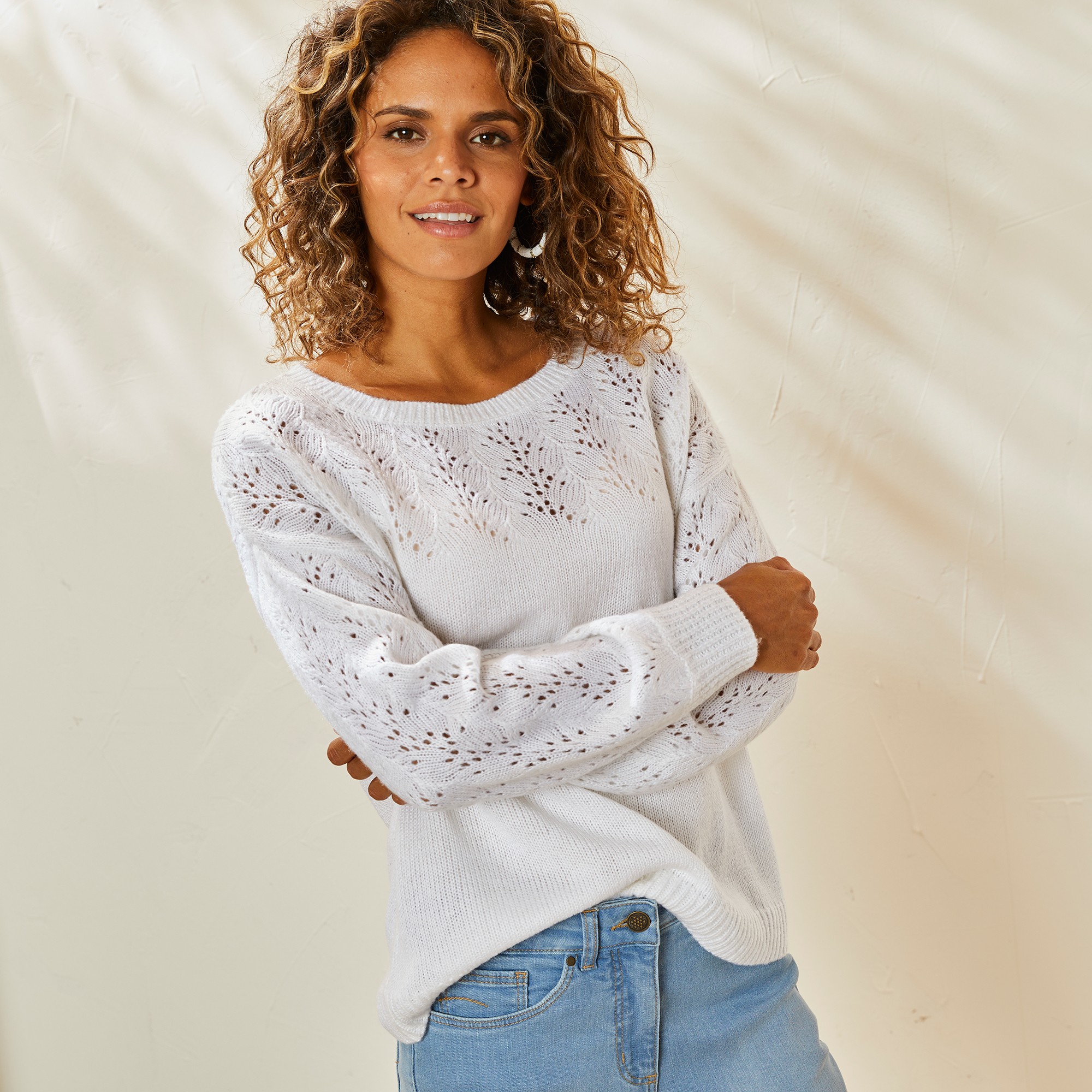 Pull Manches Longues Blousantes, Maille Ajourée Toucher Mohair - Blancheporte