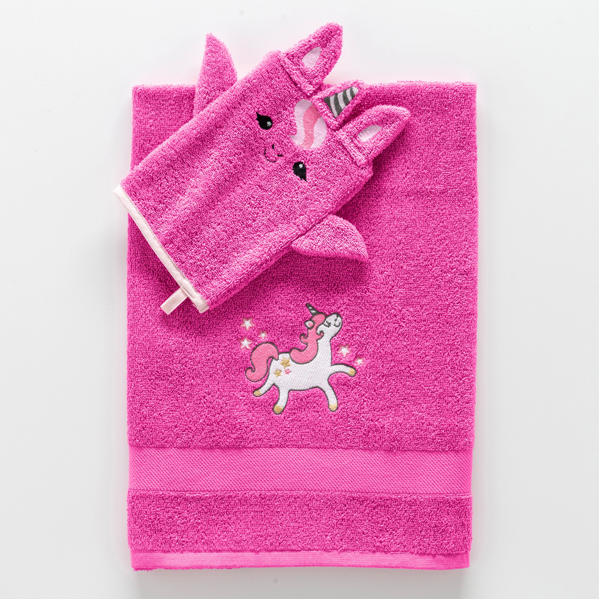 Collection éponge enfant brodée licorne coton - 380 g/m² - Lot De 2 Gants - Rose - Colombine Des Pet
