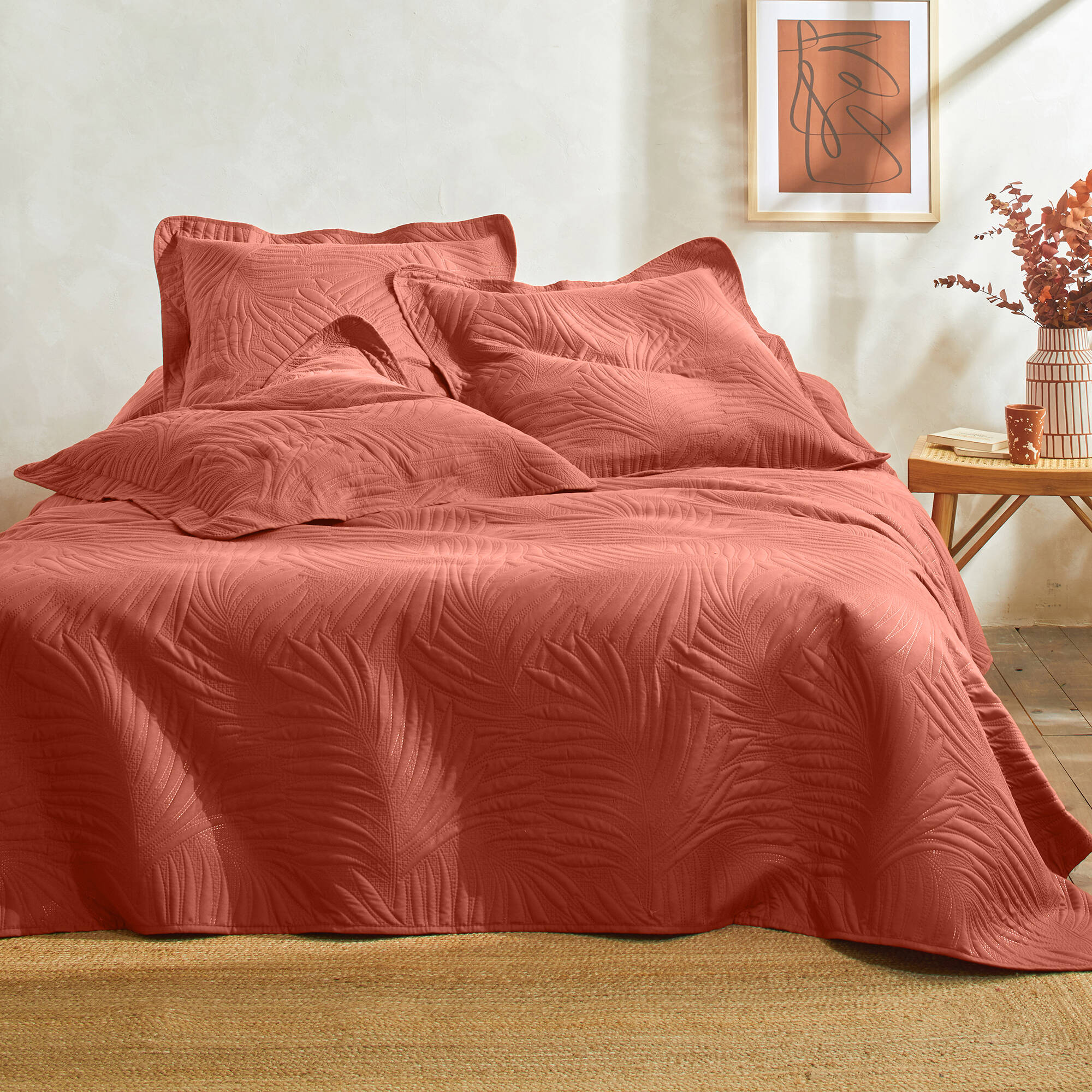 Couvre-Lit Matelassé Coton Brocart Fleuri Avec Jupe Dentelle 150x200x40cm Rose
