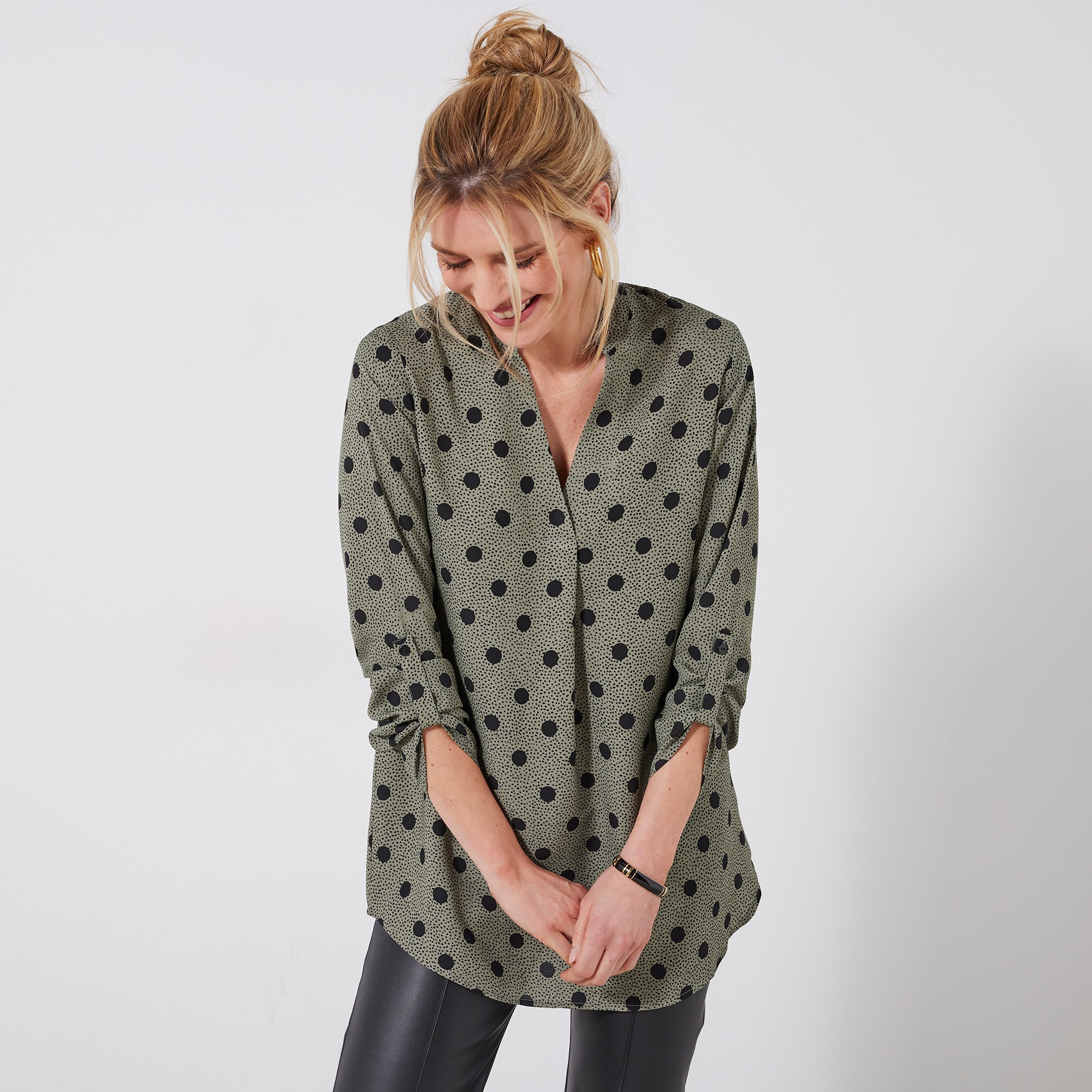 Blouse Col Tunisien Imprimé Pois, Crêpe - Blancheporte