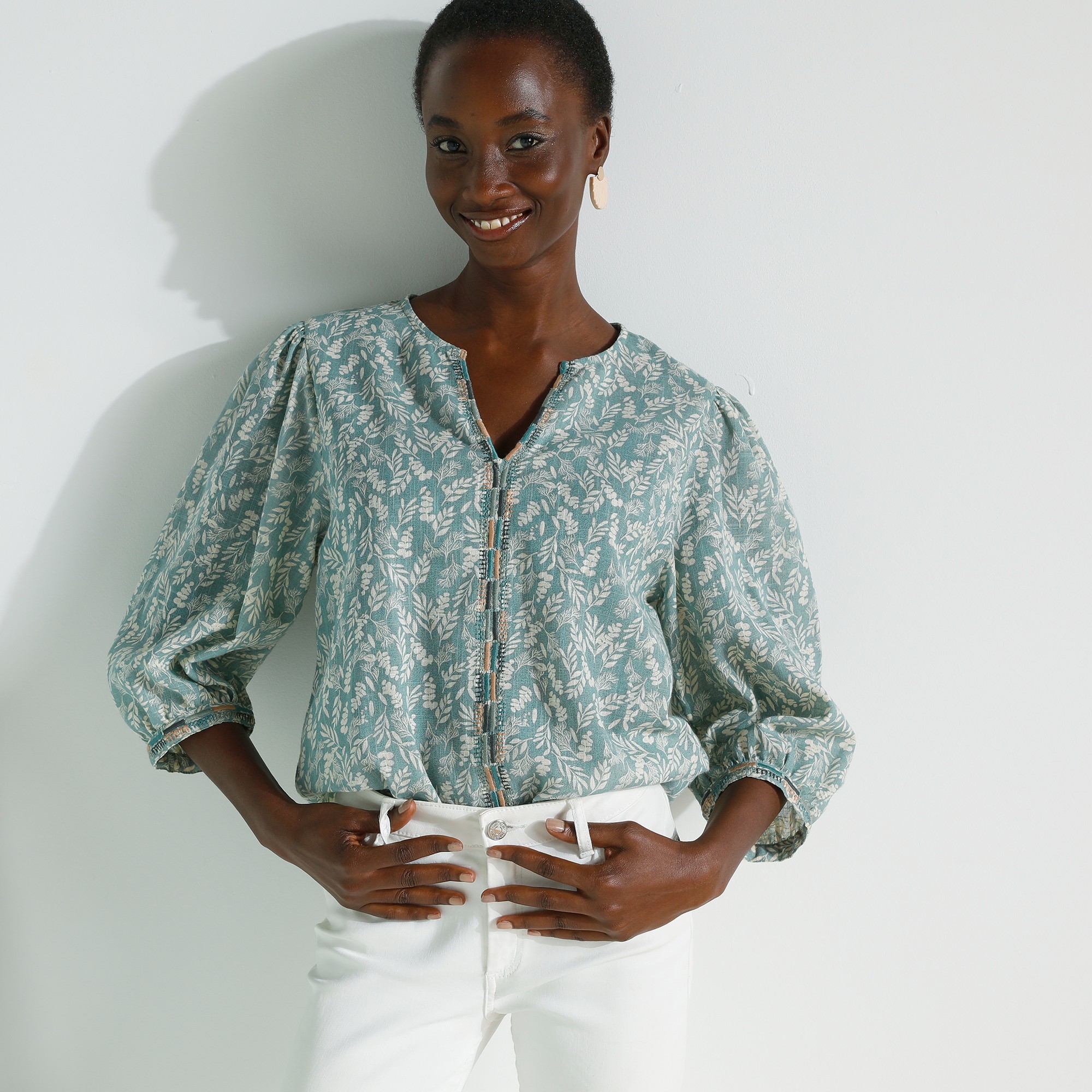 Blouse Brodée En Coton Imprimée, Manches 3/4 - Blancheporte
