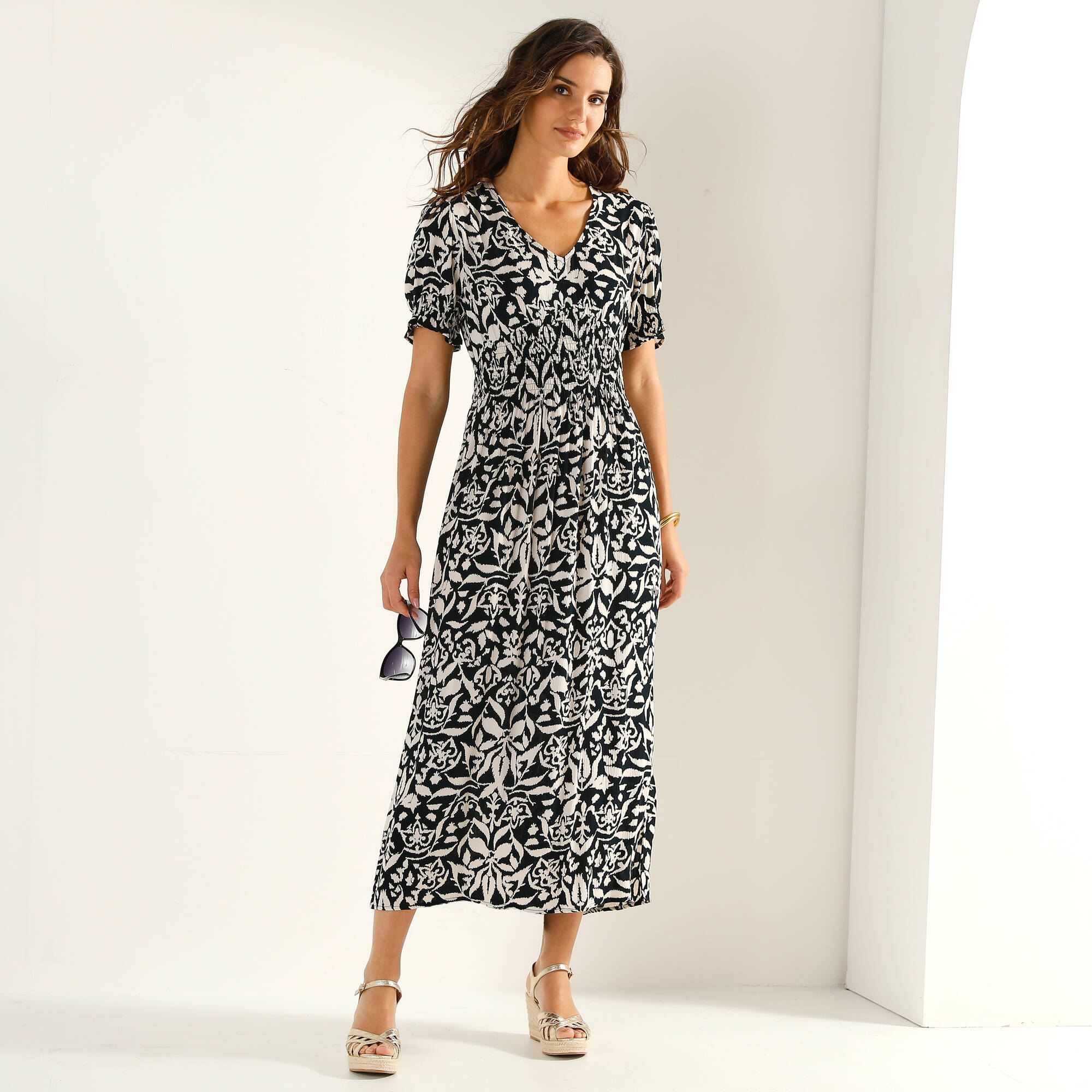 Robe longue manches courtes crpon imprim - Blancheporte 52 €