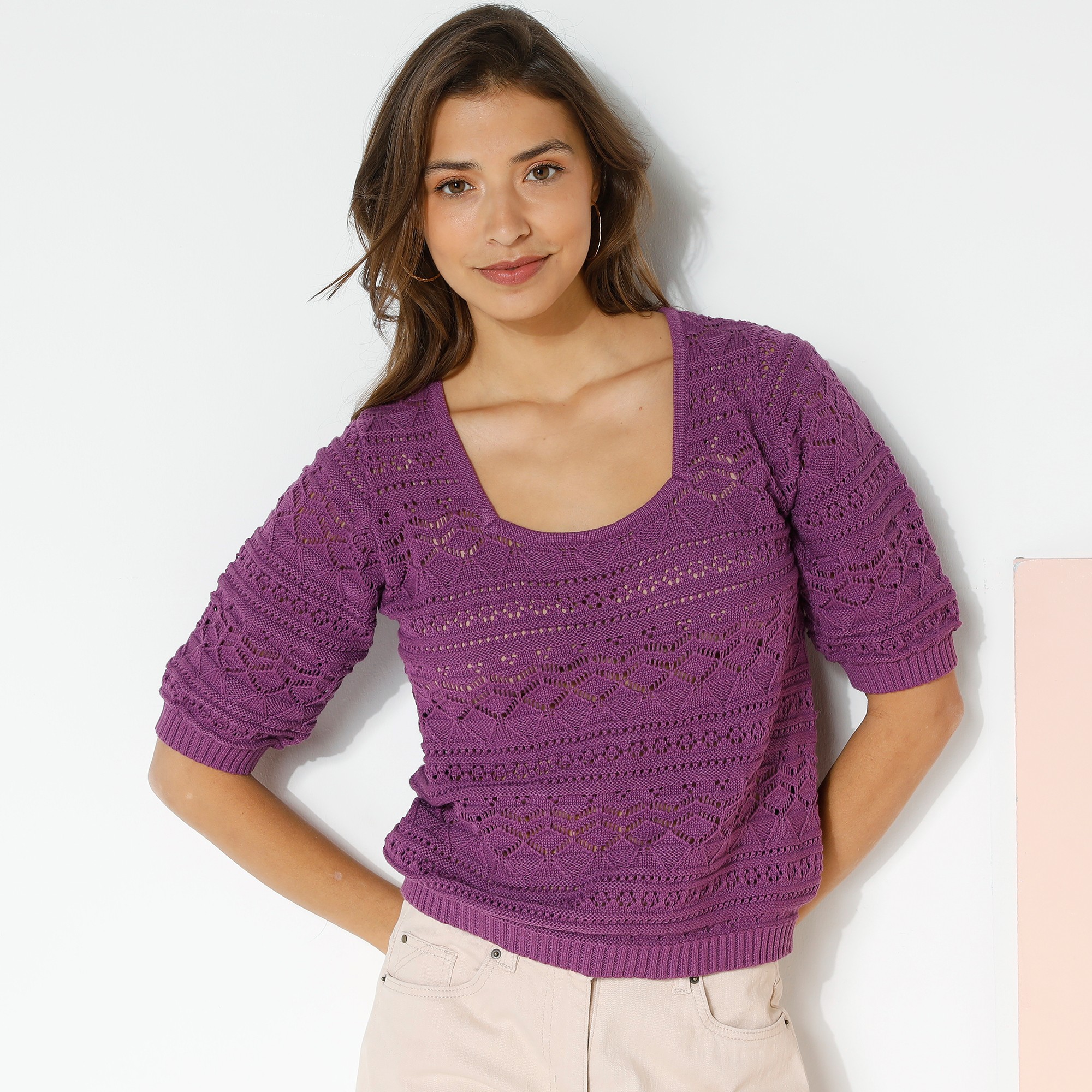 Pull Maille Ajourée Fantaisie, Manches Coude - Blancheporte