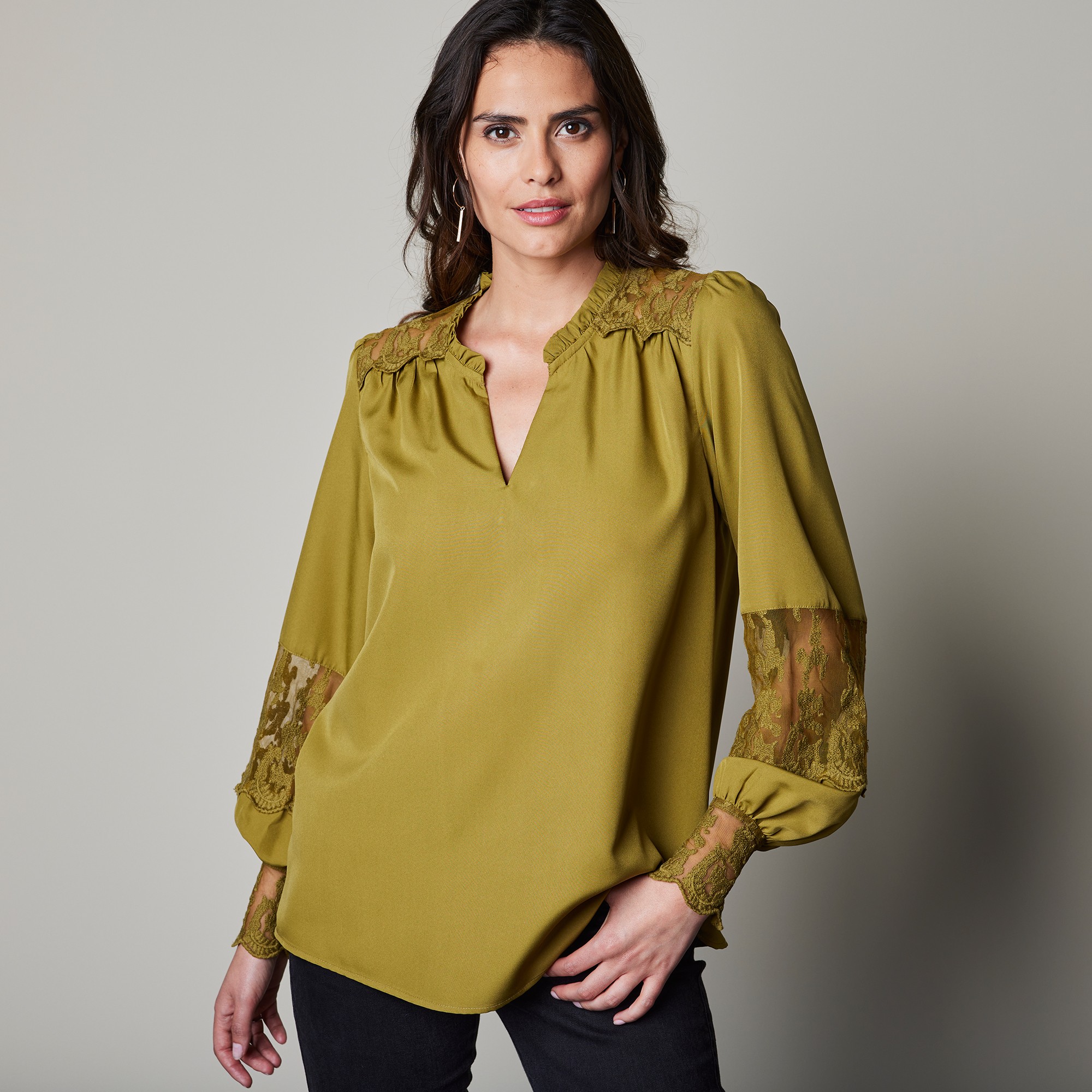 Blouse Dentelle Manches Longues Blousantes - Blancheporte